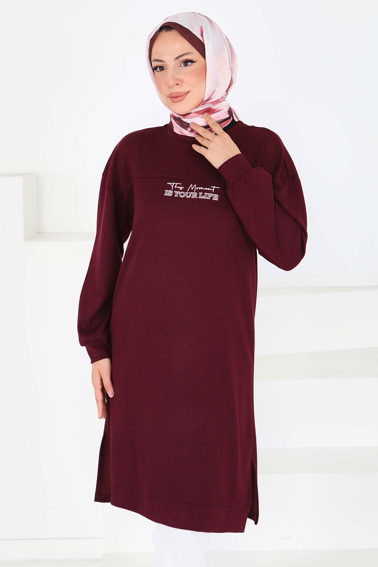 Önü Baskılı Yırtmaçlı Modal Tunik - 27704-BORDO - TOFİSA