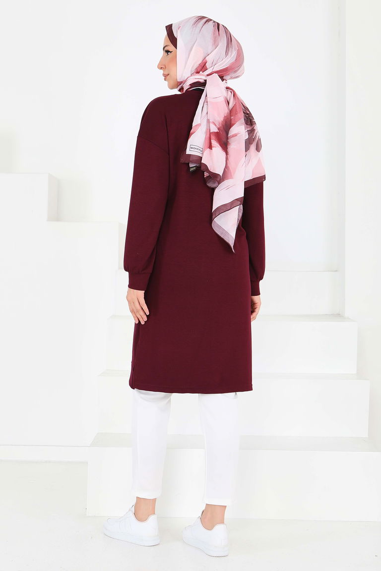 Önü Baskılı Yırtmaçlı Modal Tunik - 27704-BORDO - TOFİSA