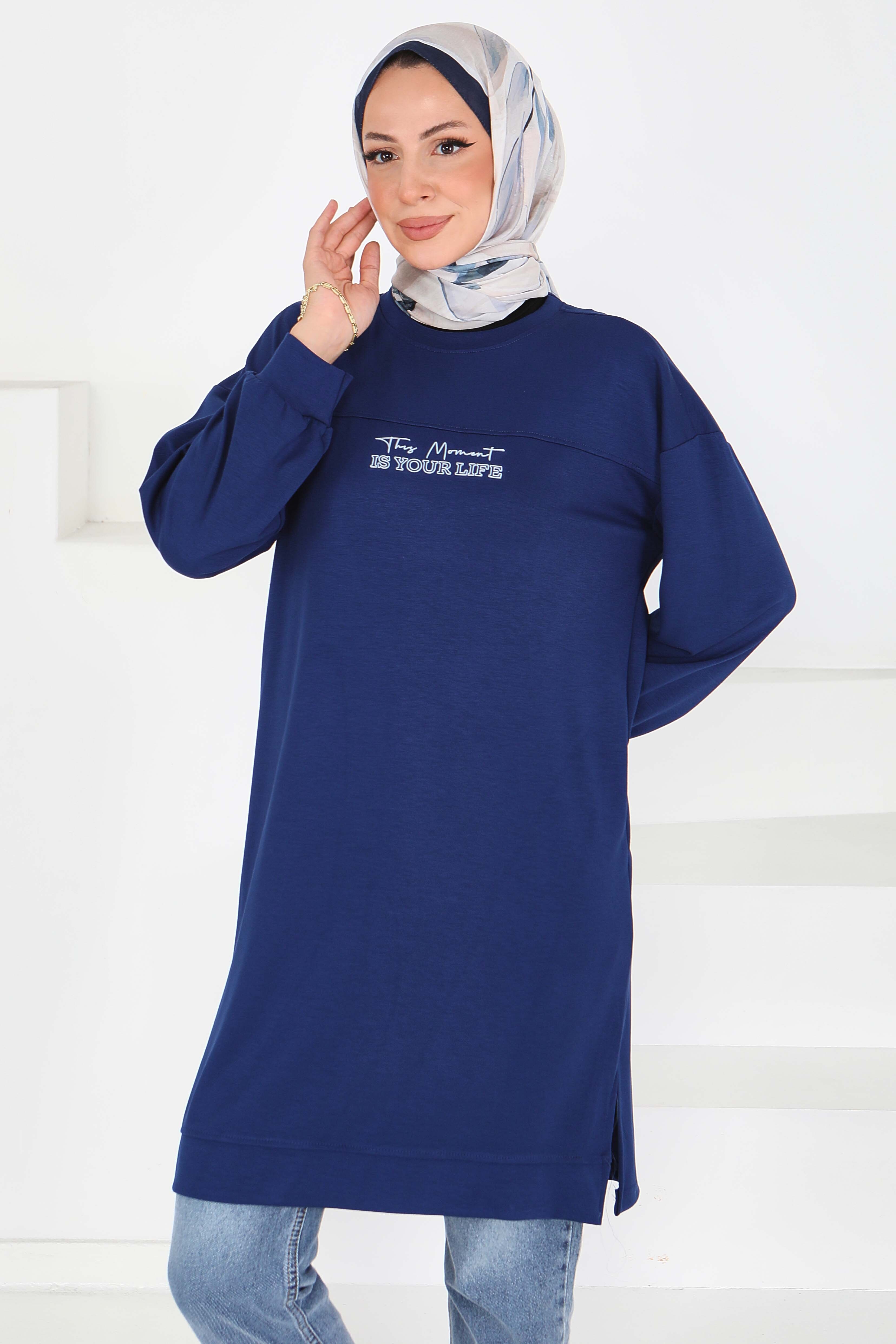 Önü Baskılı Yırtmaçlı Modal Tunik - 27704-LACIVERT - 1