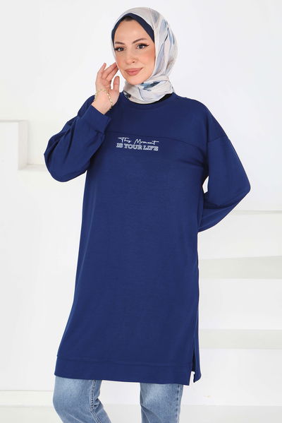 Önü Baskılı Yırtmaçlı Modal Tunik - 27704-LACIVERT 