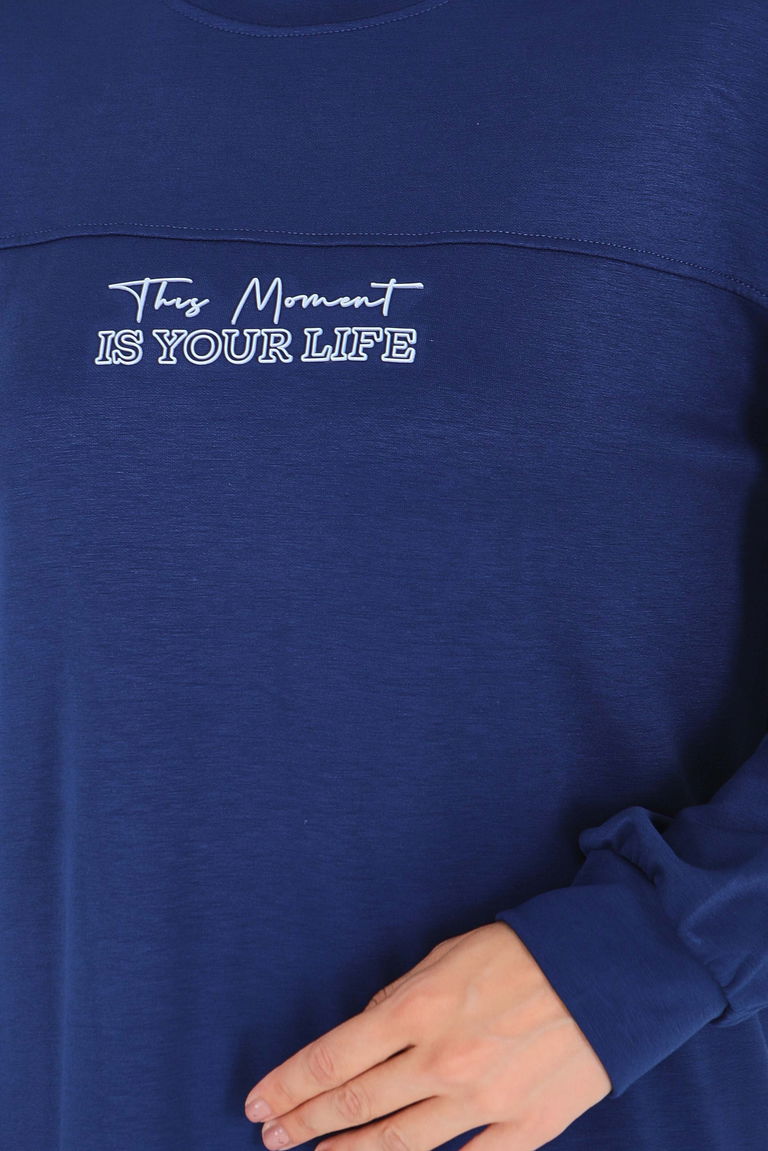 Önü Baskılı Yırtmaçlı Modal Tunik - 27704-LACIVERT - TOFİSA