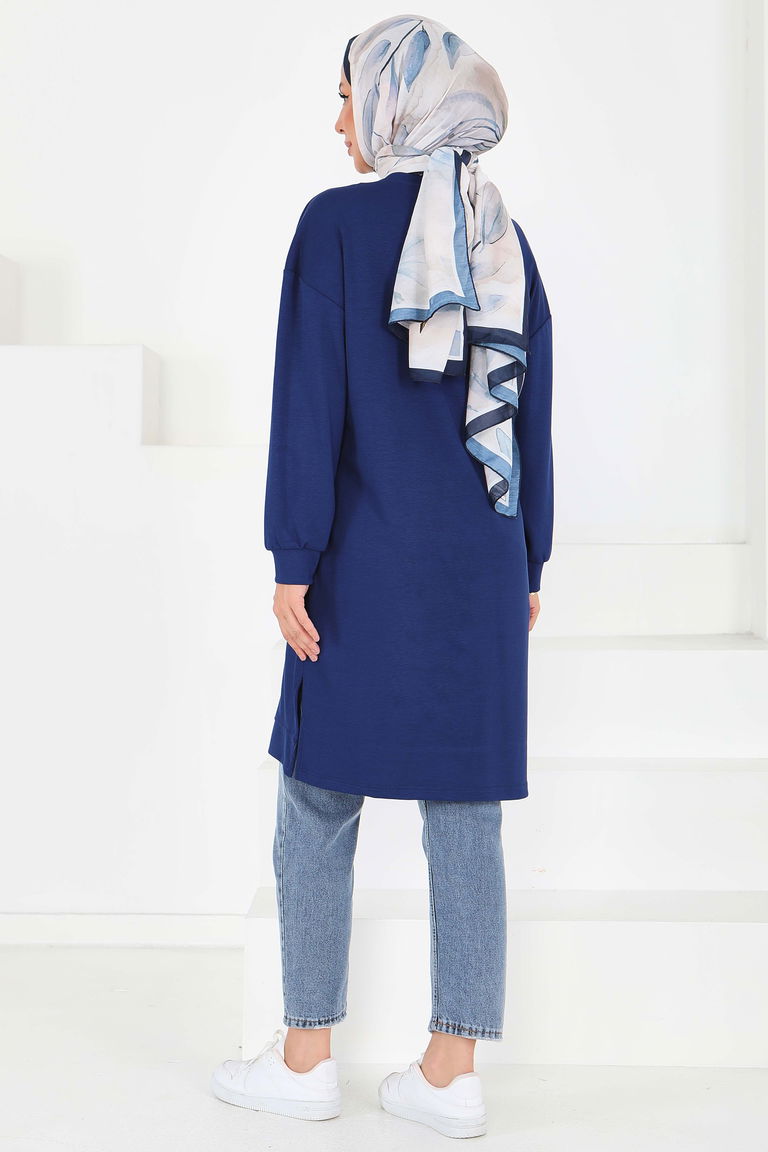 Önü Baskılı Yırtmaçlı Modal Tunik - 27704-LACIVERT - TOFİSA
