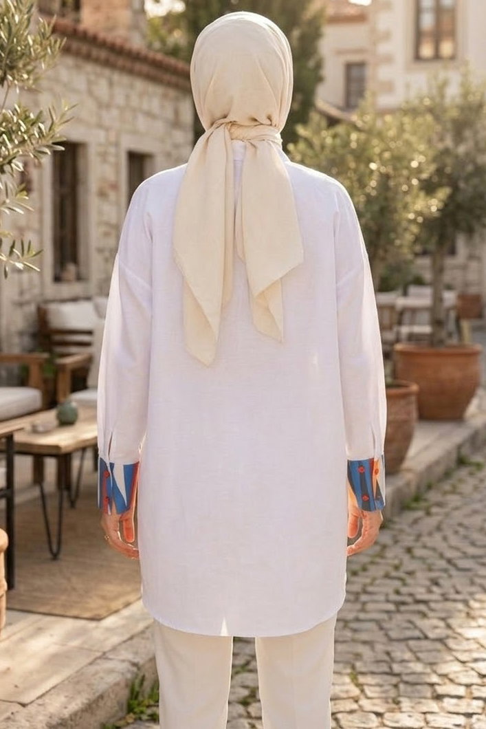 Önü Desenli Gömlek Beyaz - 28878-BEYAZ - 4