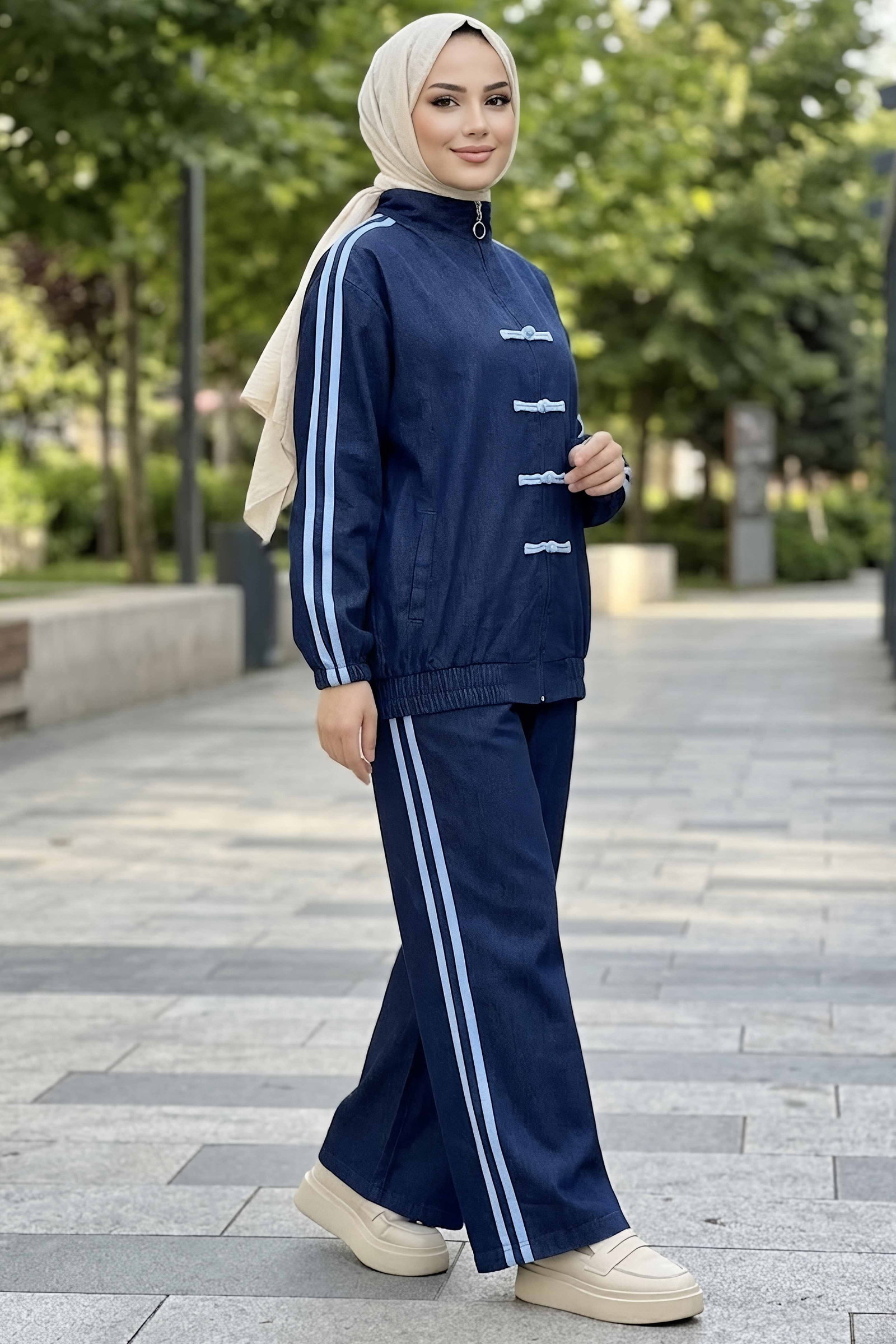 Önü Düğüm Şerit Detaylı Kot İkili Takım Lacivert - 29154-LACIVERT - 2
