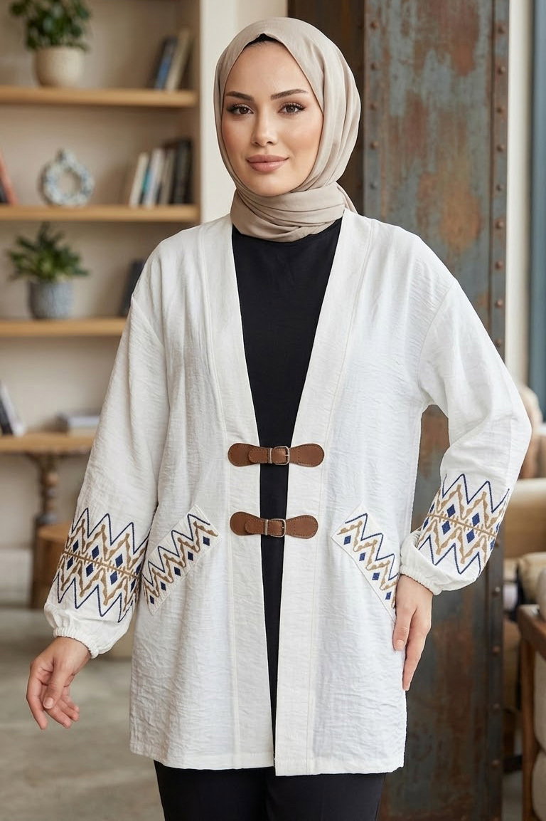 Önü Kemerli Nakışlı Kimono Beyaz - 28488-BEYAZ - 1