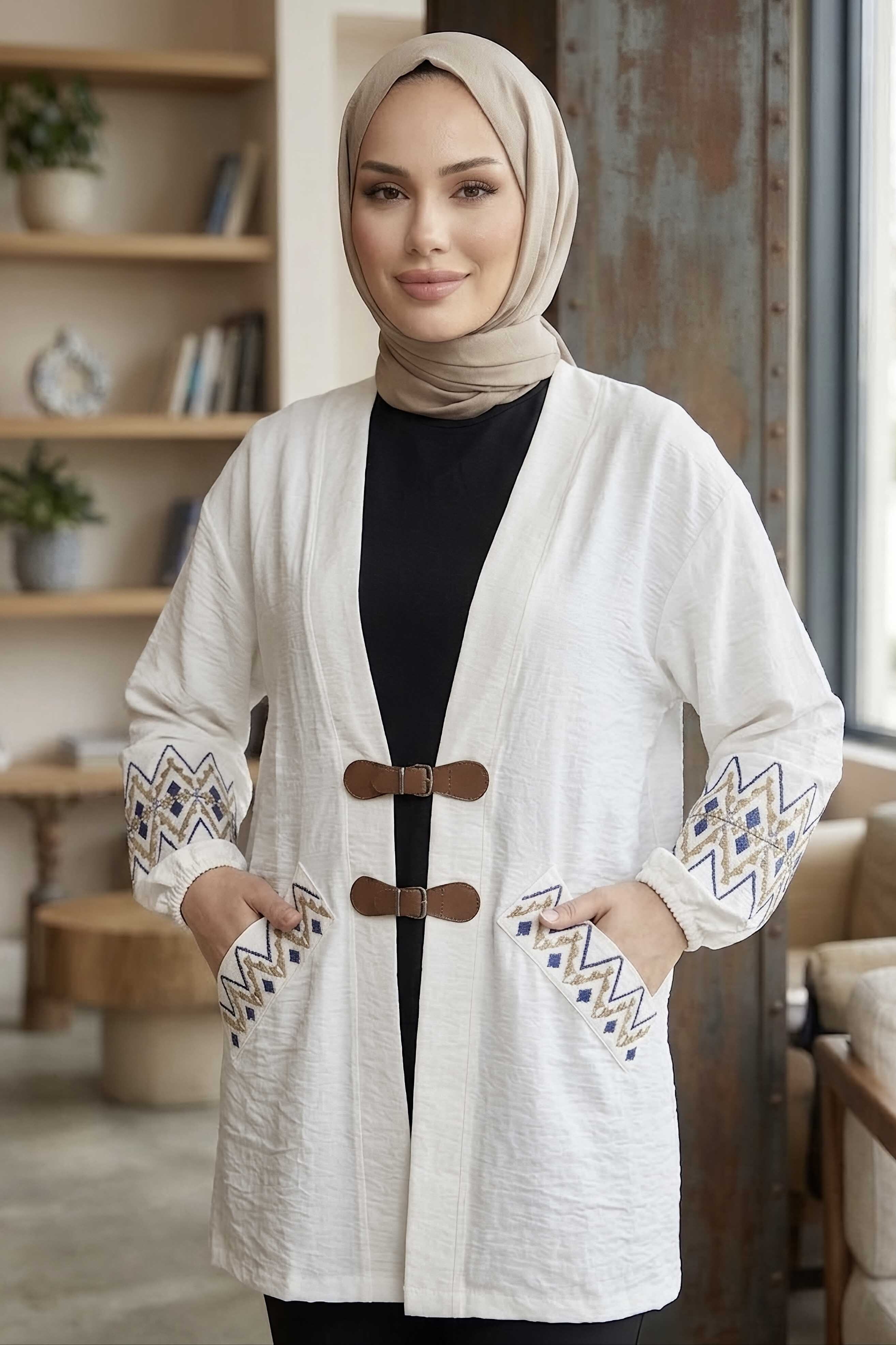 Önü Kemerli Nakışlı Kimono Beyaz - 28488-BEYAZ - 3