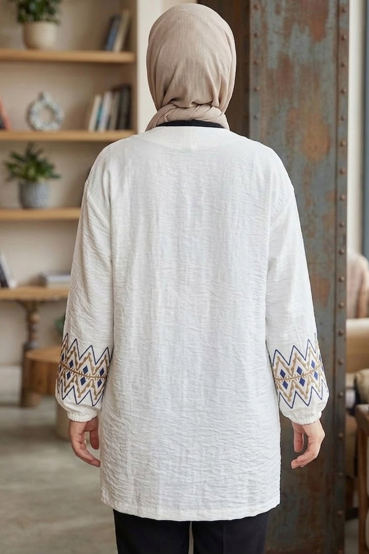 Önü Kemerli Nakışlı Kimono Beyaz - 28488-BEYAZ - 4