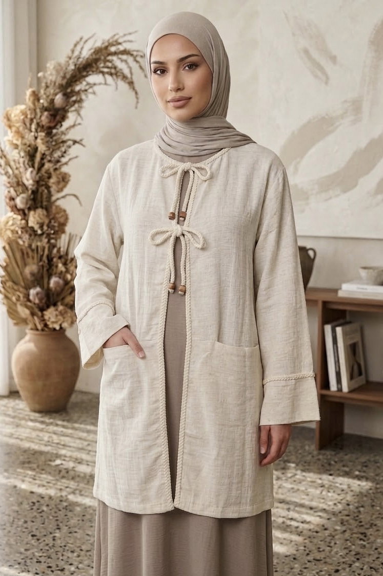 Önü Örgülü Biyeli Kimono Krem - 28485-KREM - 1