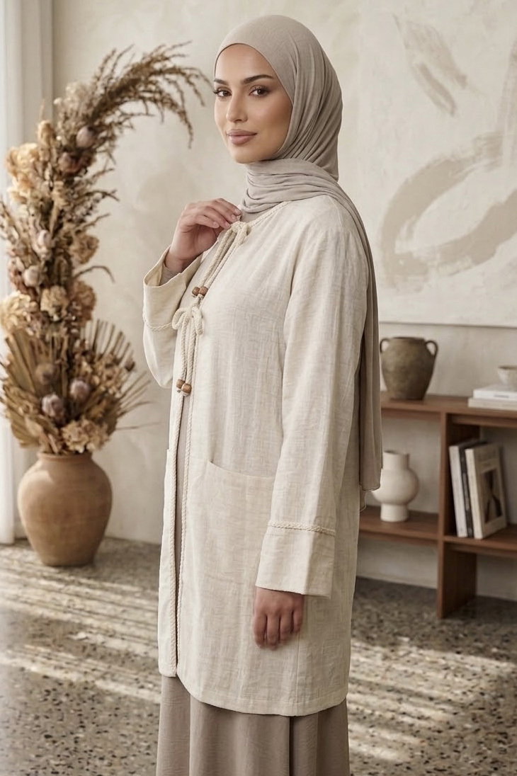 Önü Örgülü Biyeli Kimono Krem - 28485-KREM - 2