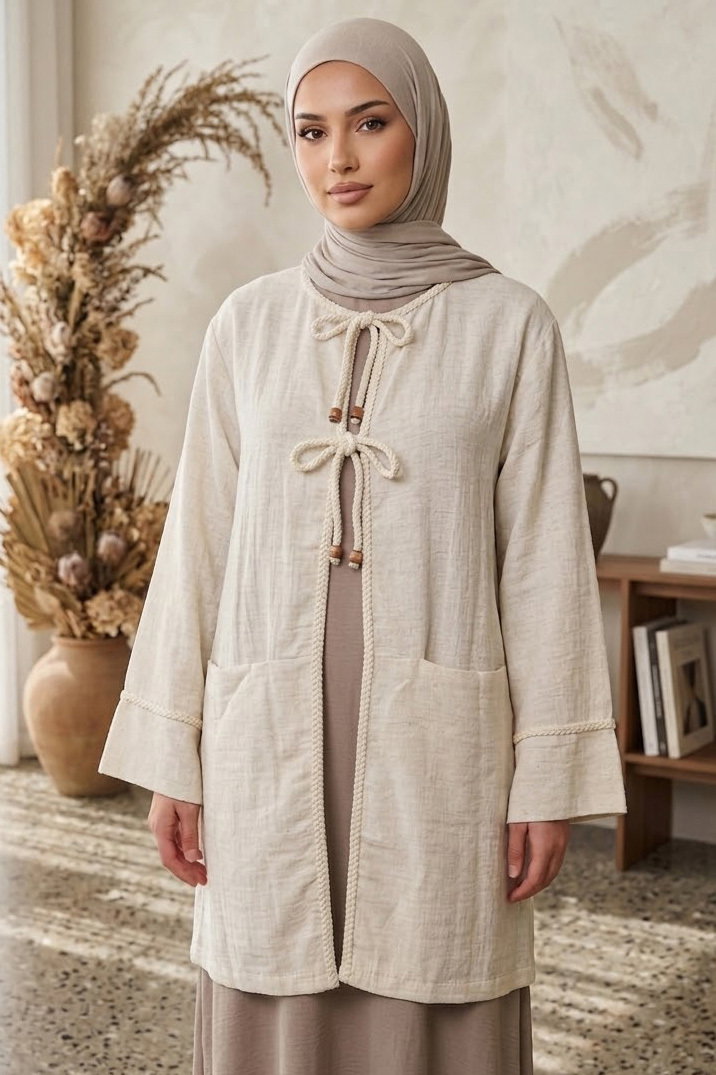 Önü Örgülü Biyeli Kimono Krem - 28485-KREM - 3