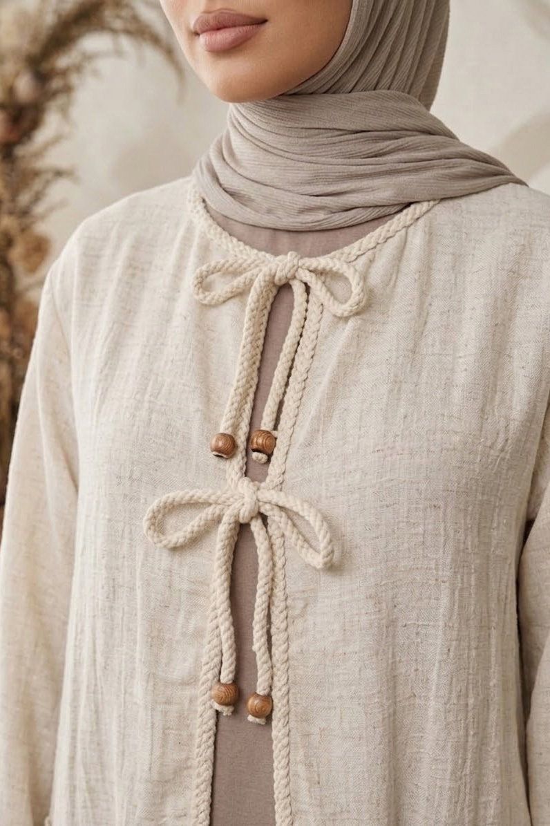 Önü Örgülü Biyeli Kimono Krem - 28485-KREM - 4