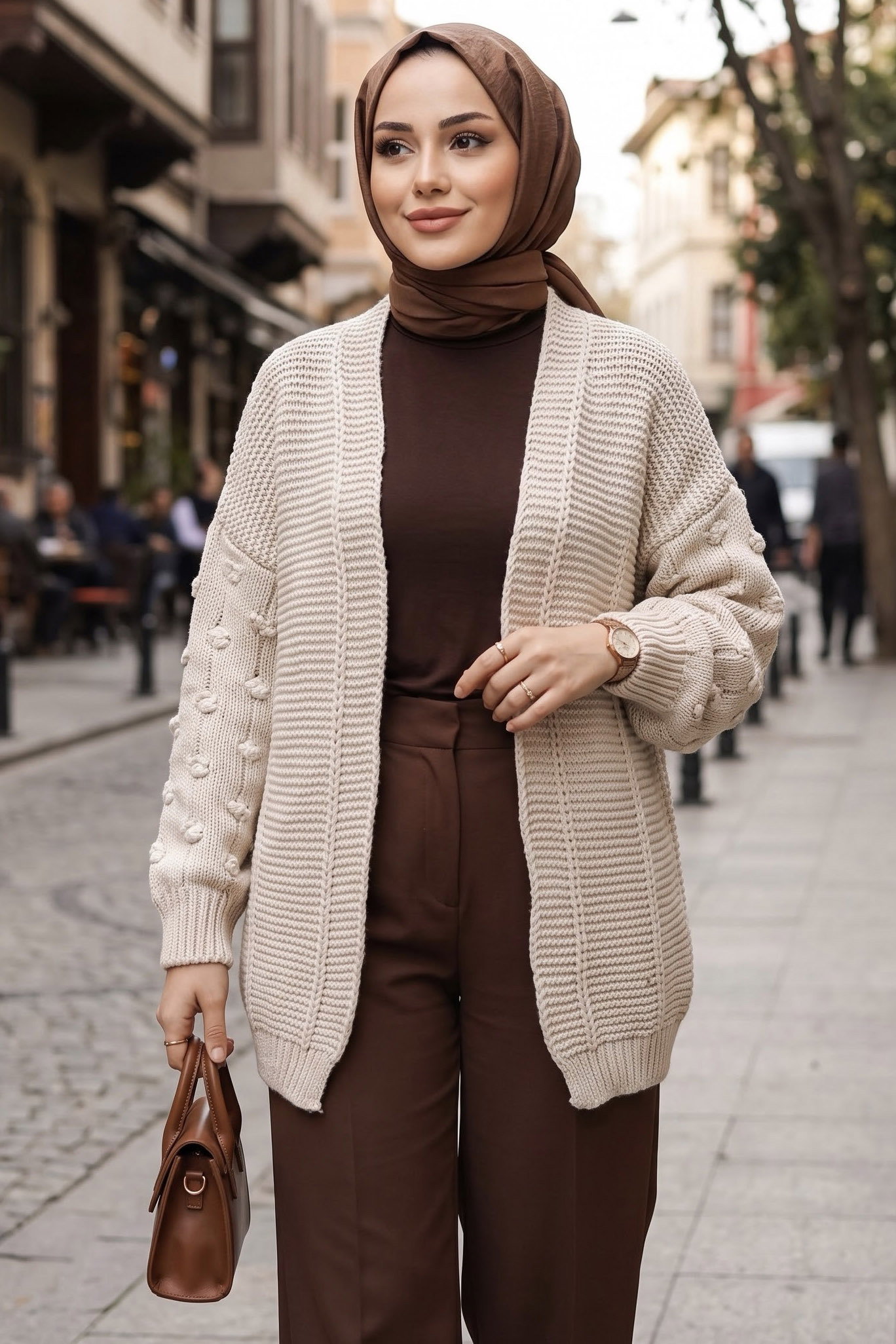 Örgü Detaylı Triko Hırka Krem - 29242-KREM - 1