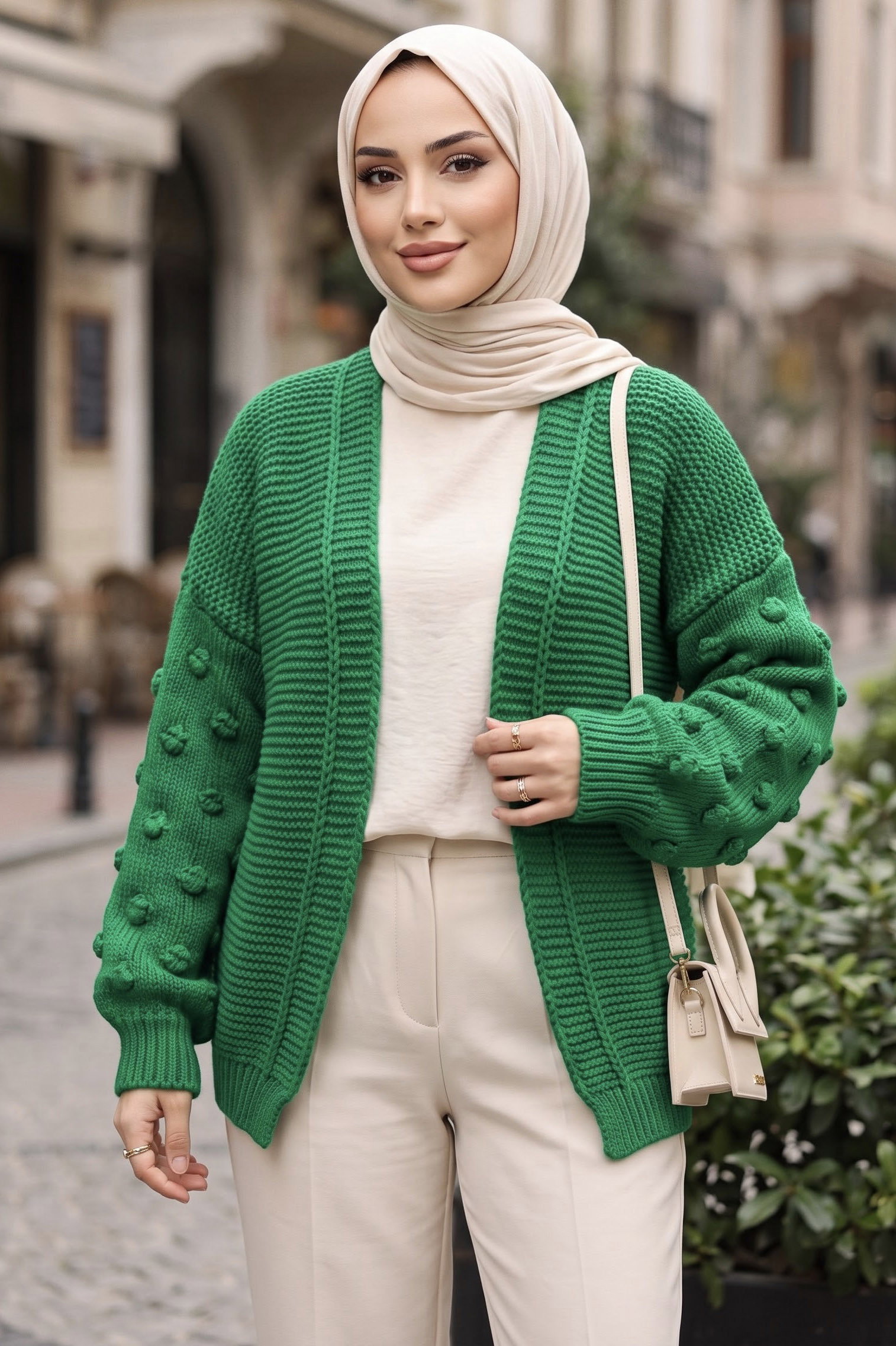 Örgü Detaylı Triko Hırka Yesil - 29242-YESIL - 2