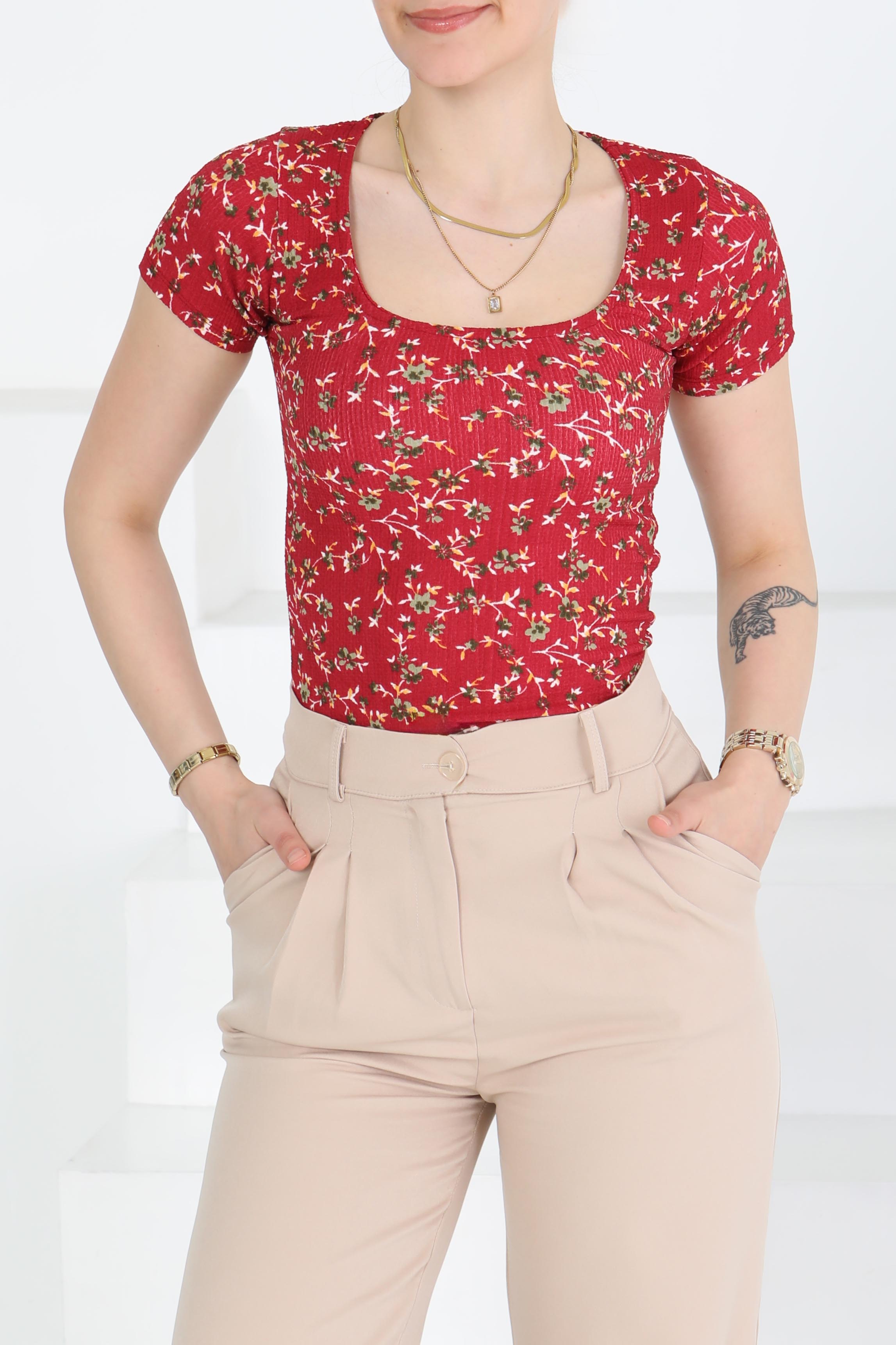 Oval Yaka Çiçek Desenli Bluz - 27279 - 3