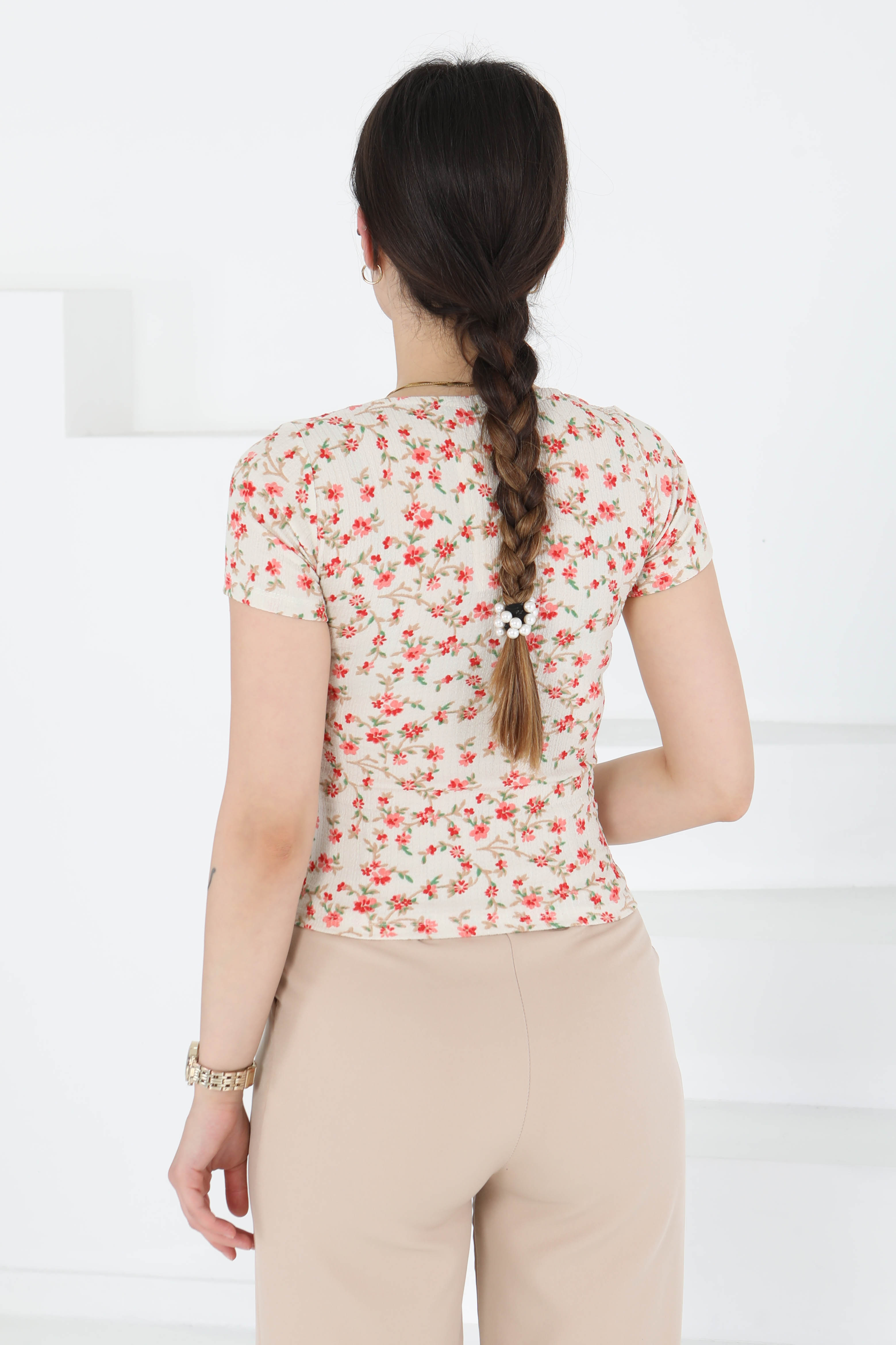 Oval Yaka Çiçek Desenli Bluz - 27279 - 5