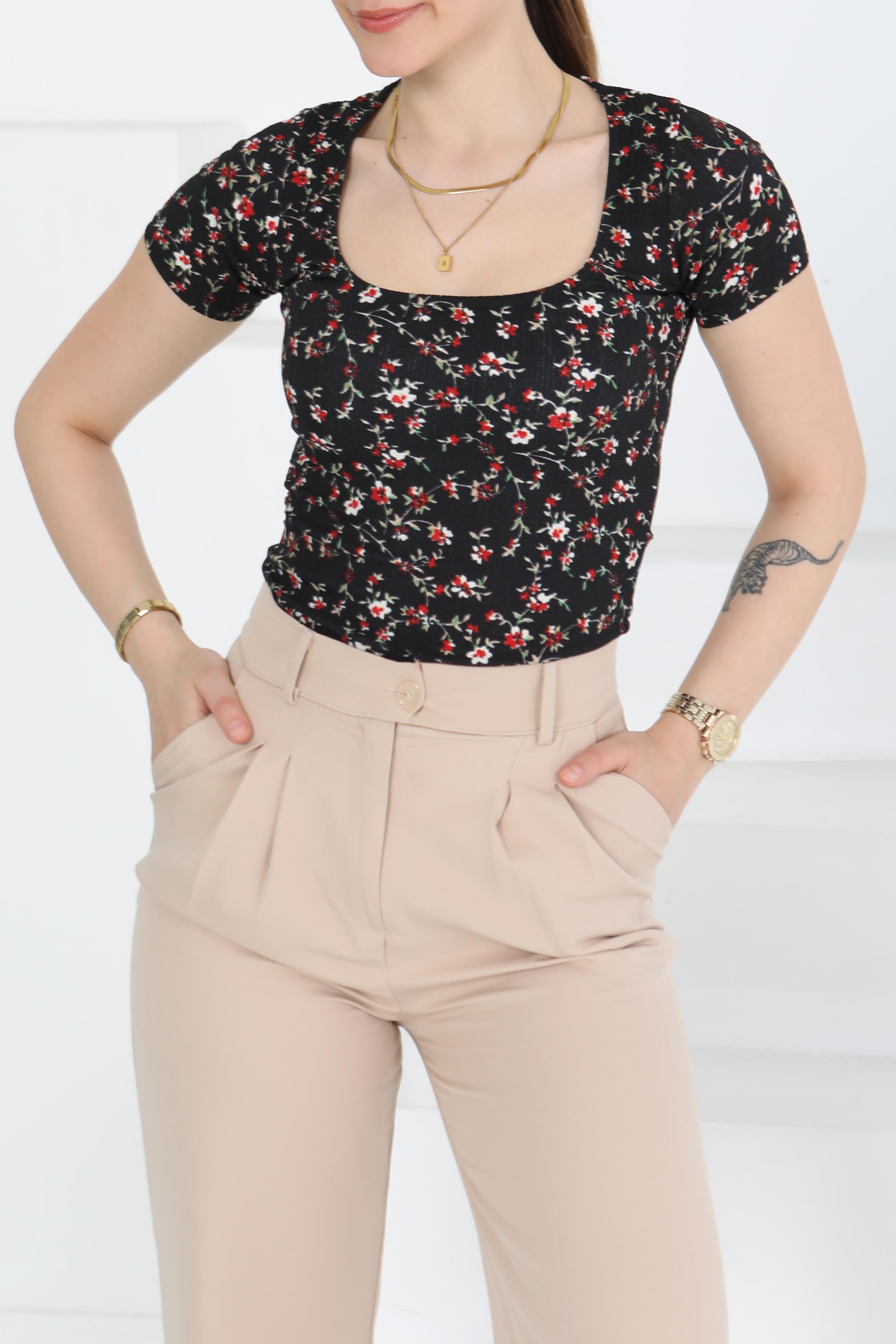 Oval Yaka Çiçek Desenli Bluz - 27279 - 3