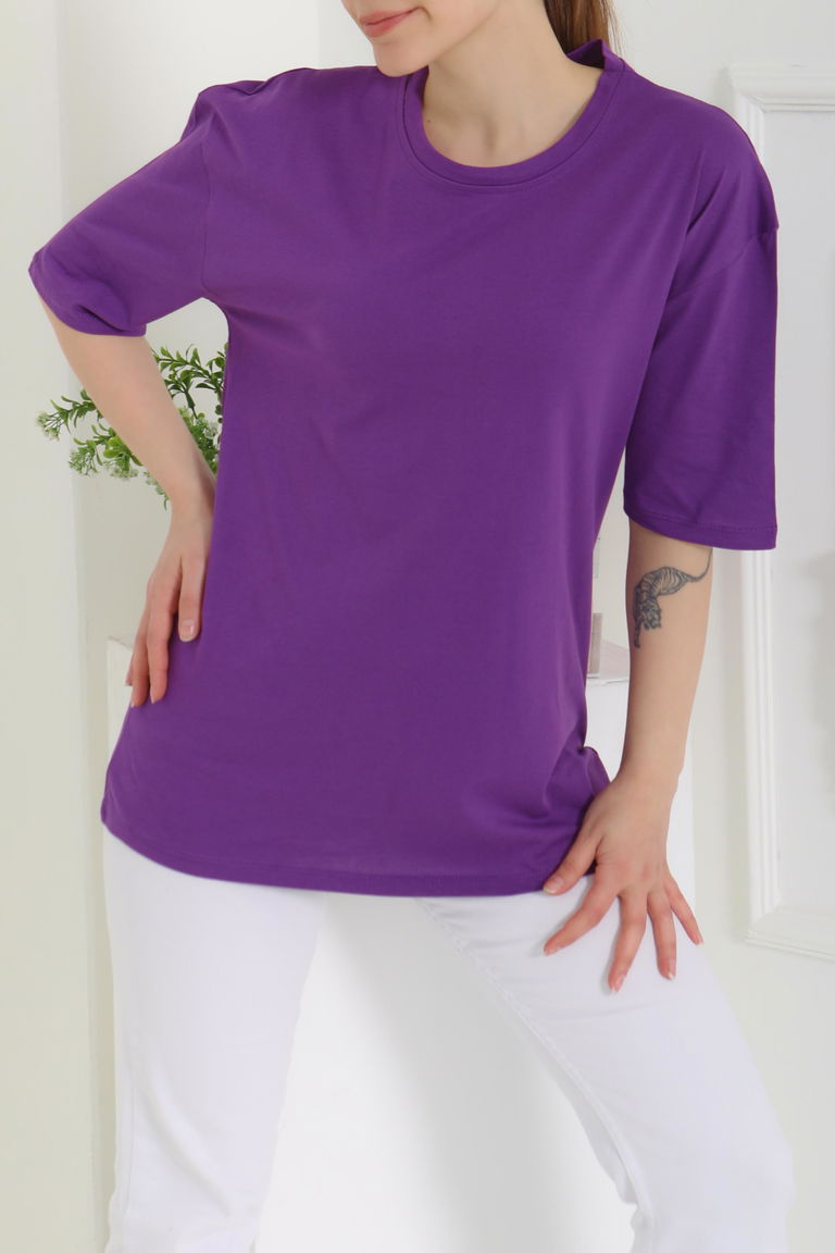 Oversize Kısa Kollu T-Şhirt Mor - 27118 - TOFİSA