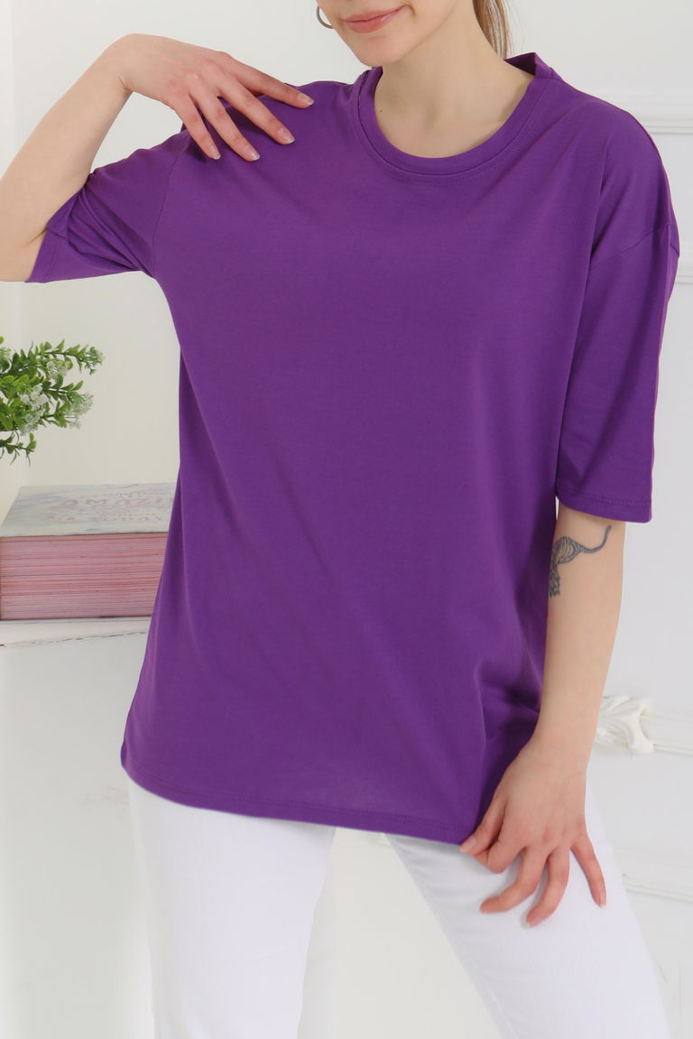Oversize Kısa Kollu T-Şhirt Mor - 27118 - TOFİSA
