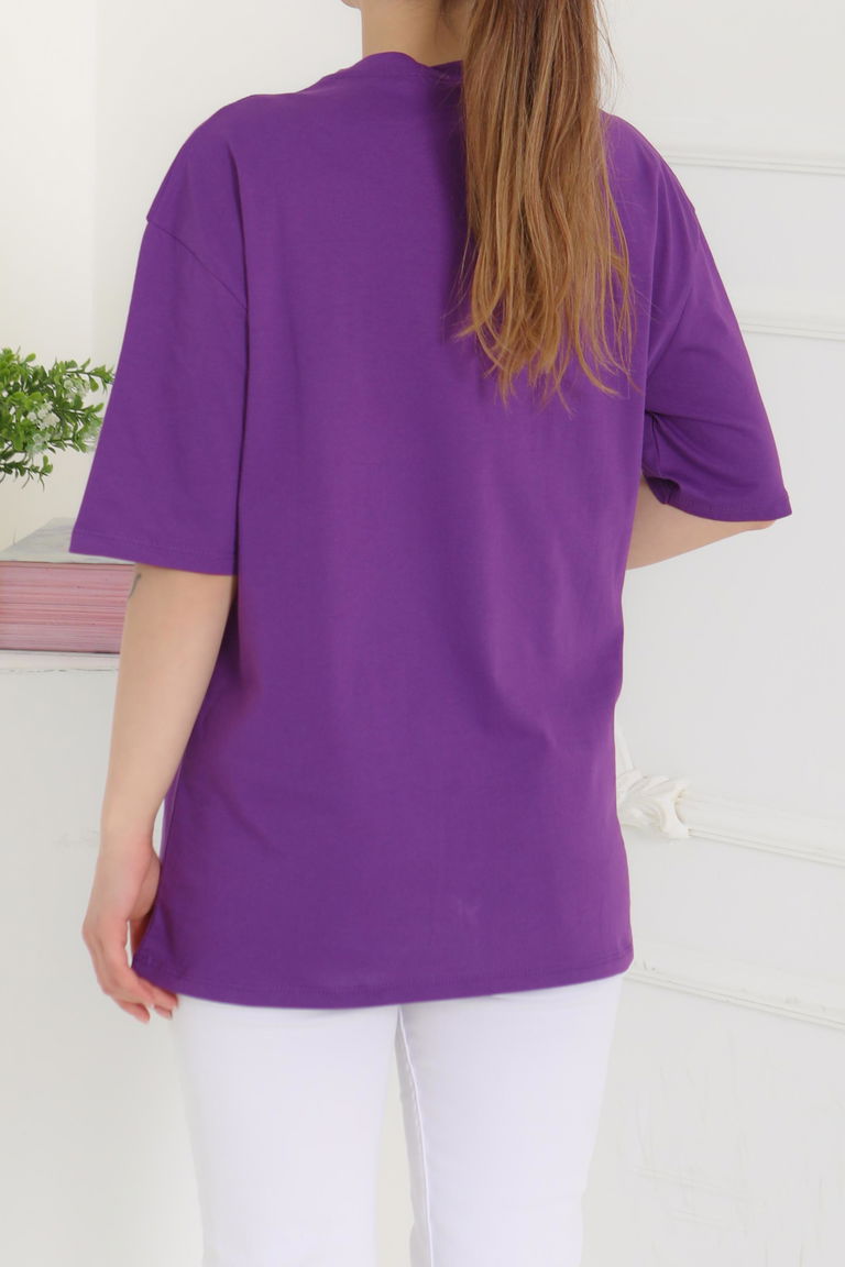 Oversize Kısa Kollu T-Şhirt Mor - 27118 - TOFİSA