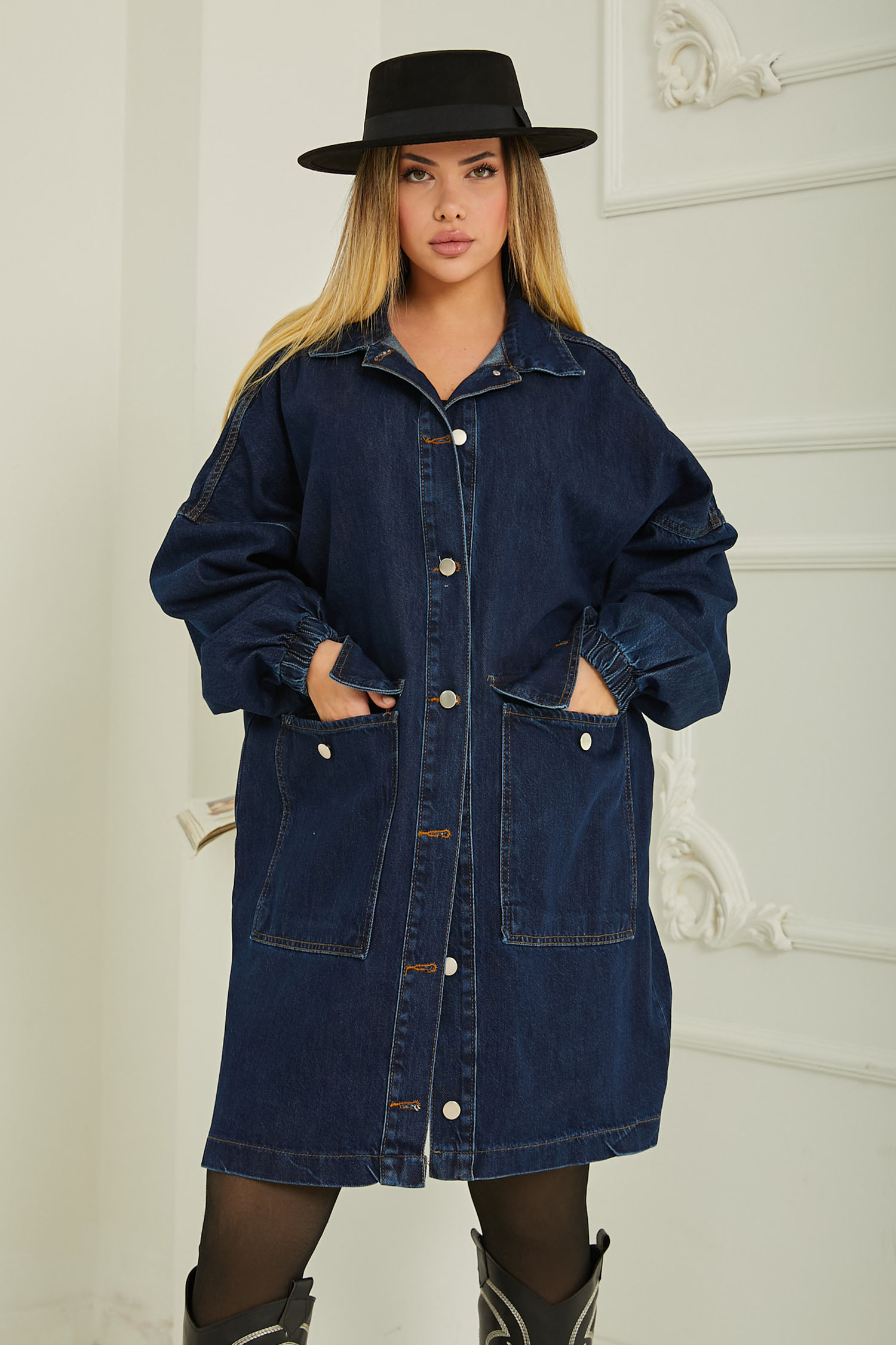 Oversize Uzun Kot Ceket Koyu Mavi - 26645 - 5