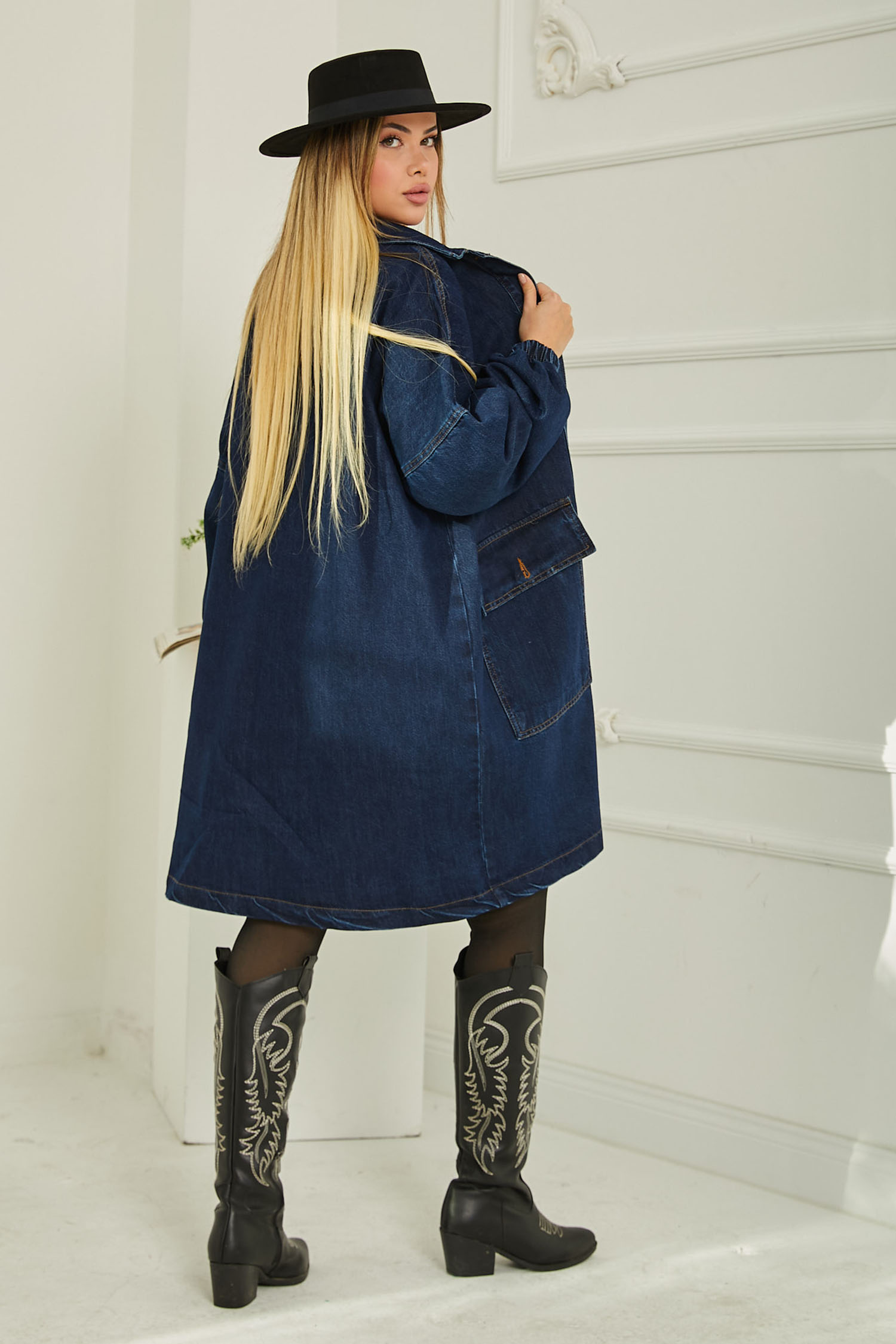 Oversize Uzun Kot Ceket Koyu Mavi - 26645 - 7
