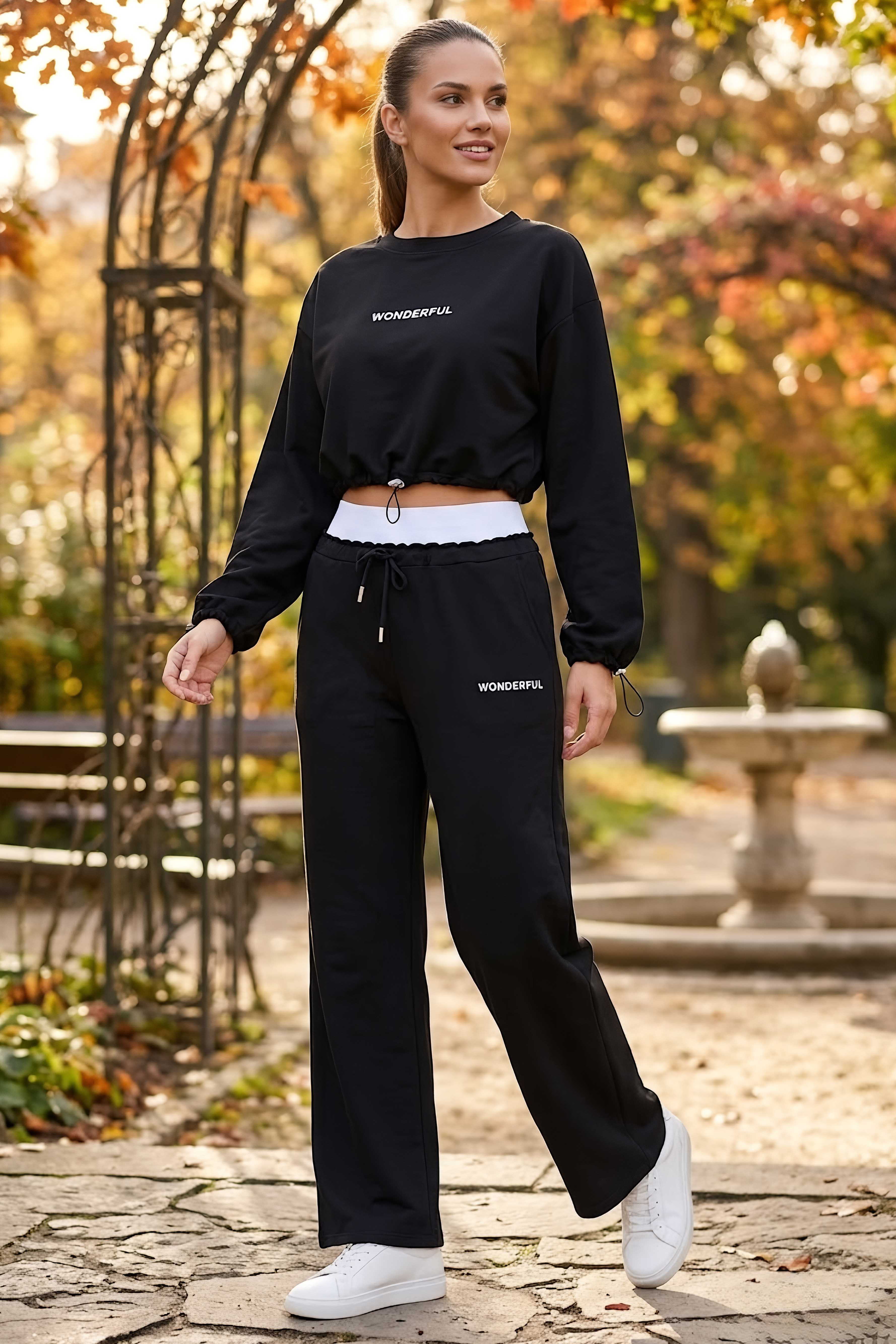 Owersize Crop Eşofman Takımı Siyah - 28609-SIYAH - 1