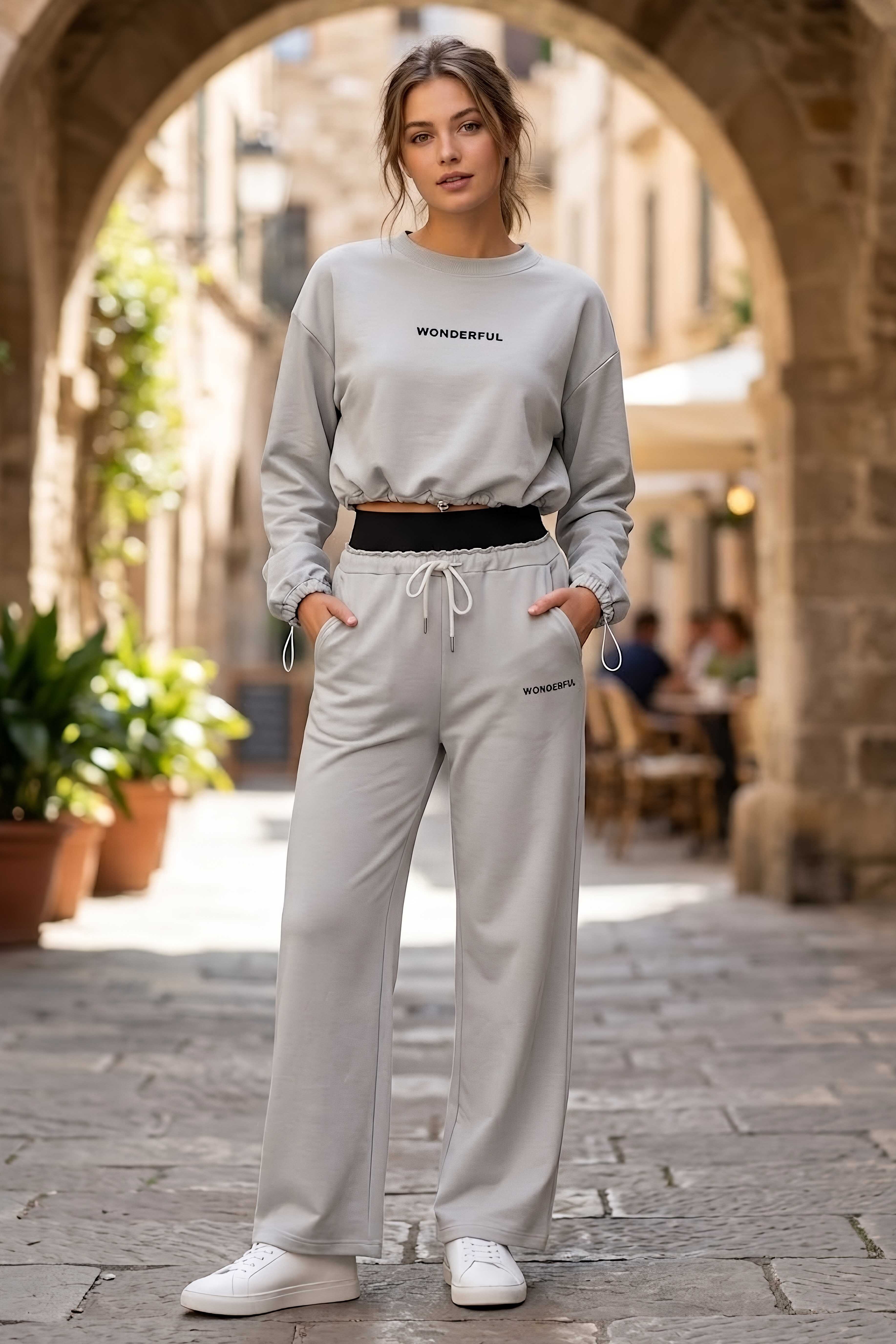 Owersize Crop Eşofman Takımı Taş - 28609-TAS - 1