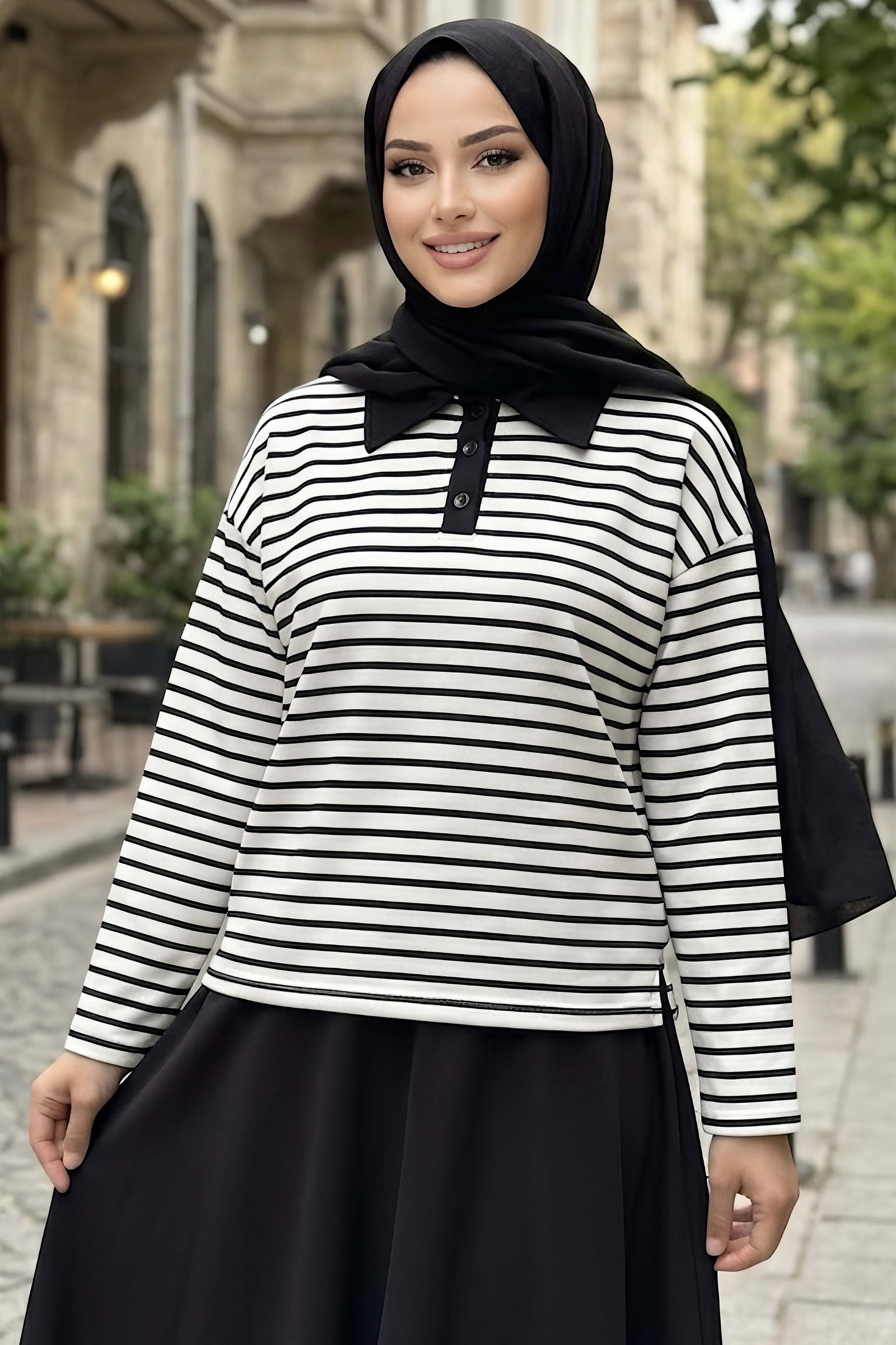 Oysh Modal Çizgili Bluz Beyaz - 29184-BEYAZ - 1