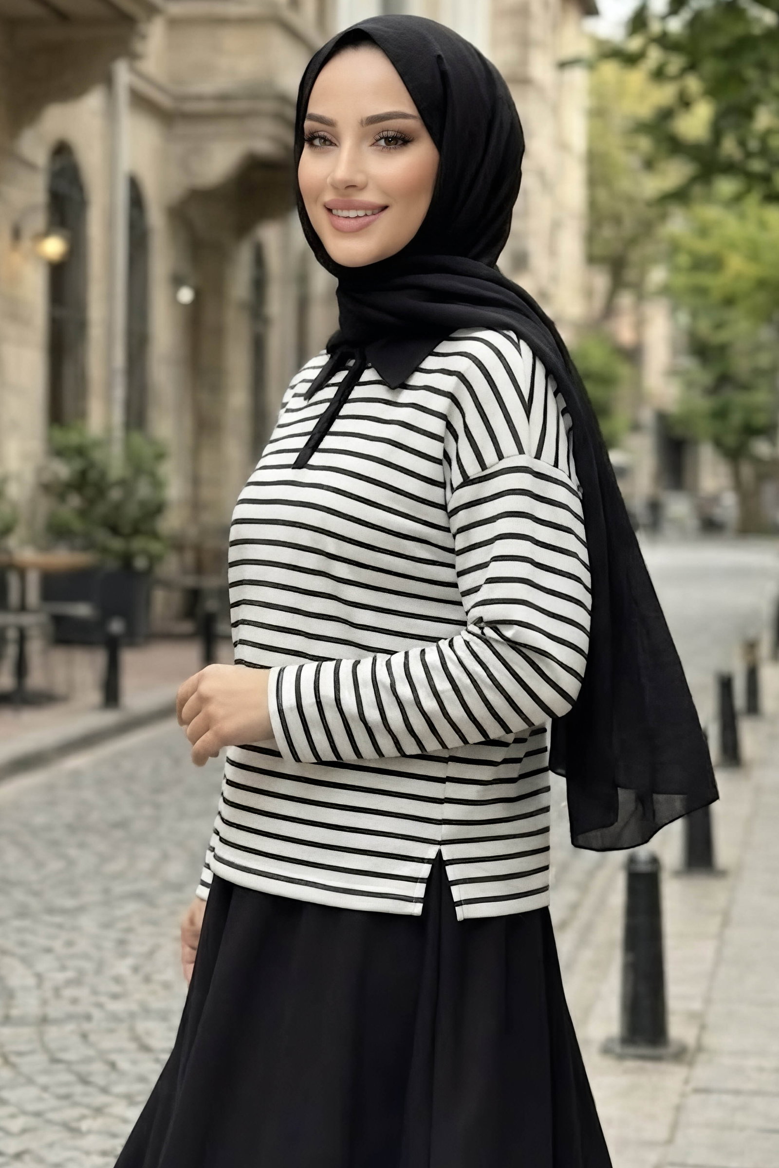 Oysh Modal Çizgili Bluz Beyaz - 29184-BEYAZ - 2