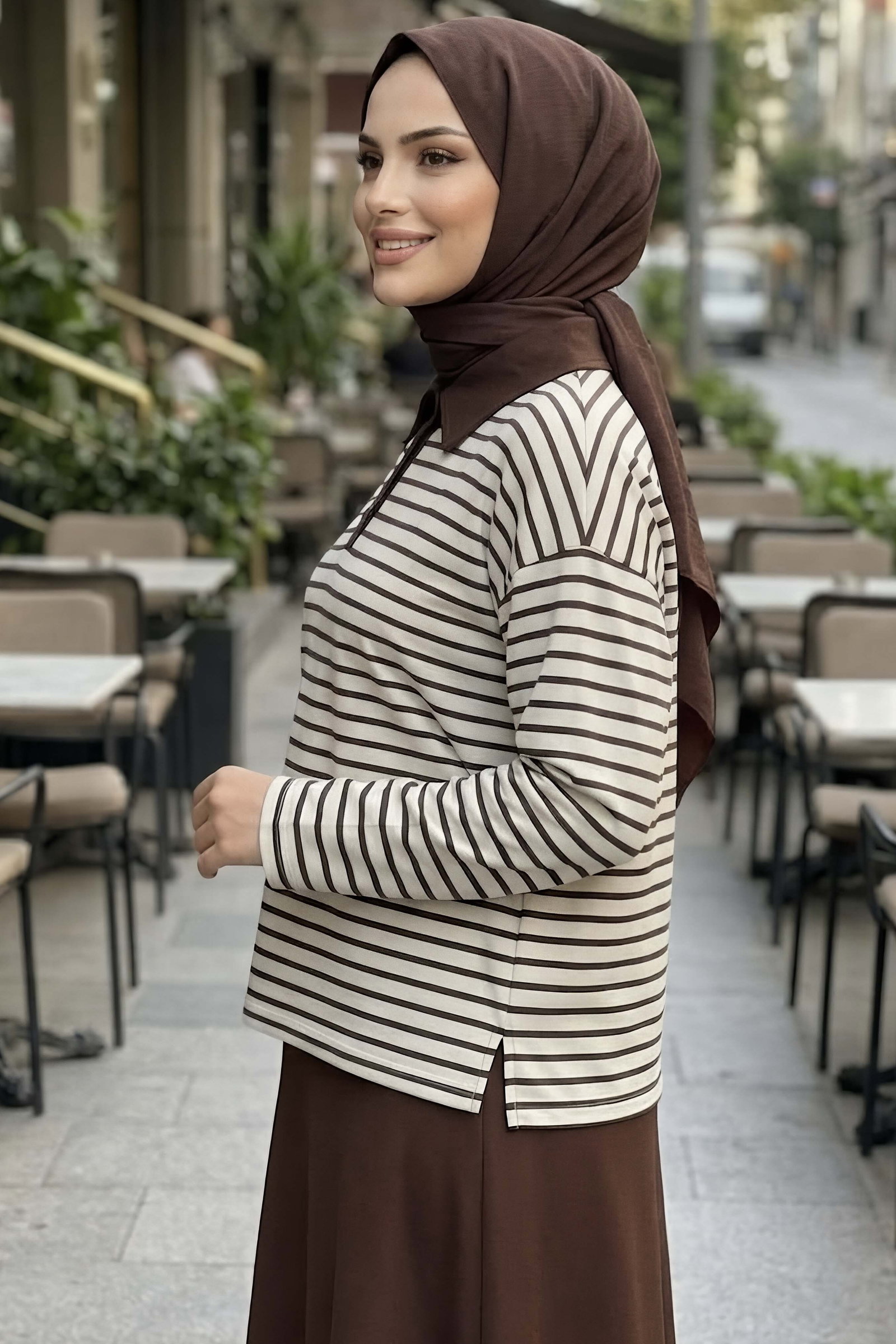 Oysh Modal Çizgili Bluz Kahve - 29184-KAHVE - 2