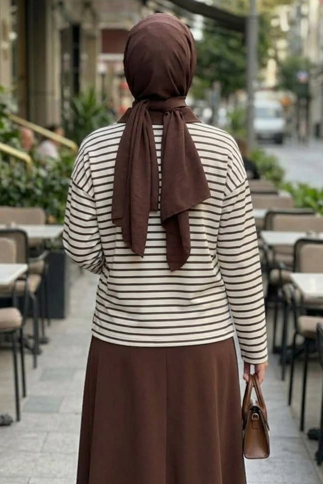 Oysh Modal Çizgili Bluz Kahve - 29184-KAHVE - 3