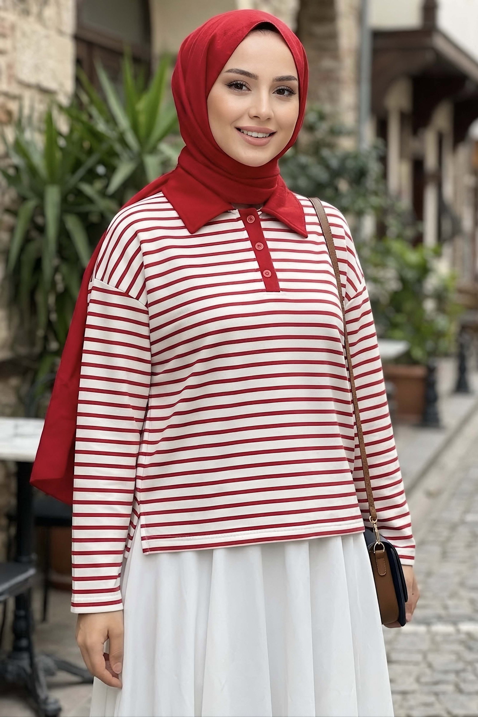 Oysh Modal Çizgili Bluz Kirmizi - 29184-KIRMIZI - 1