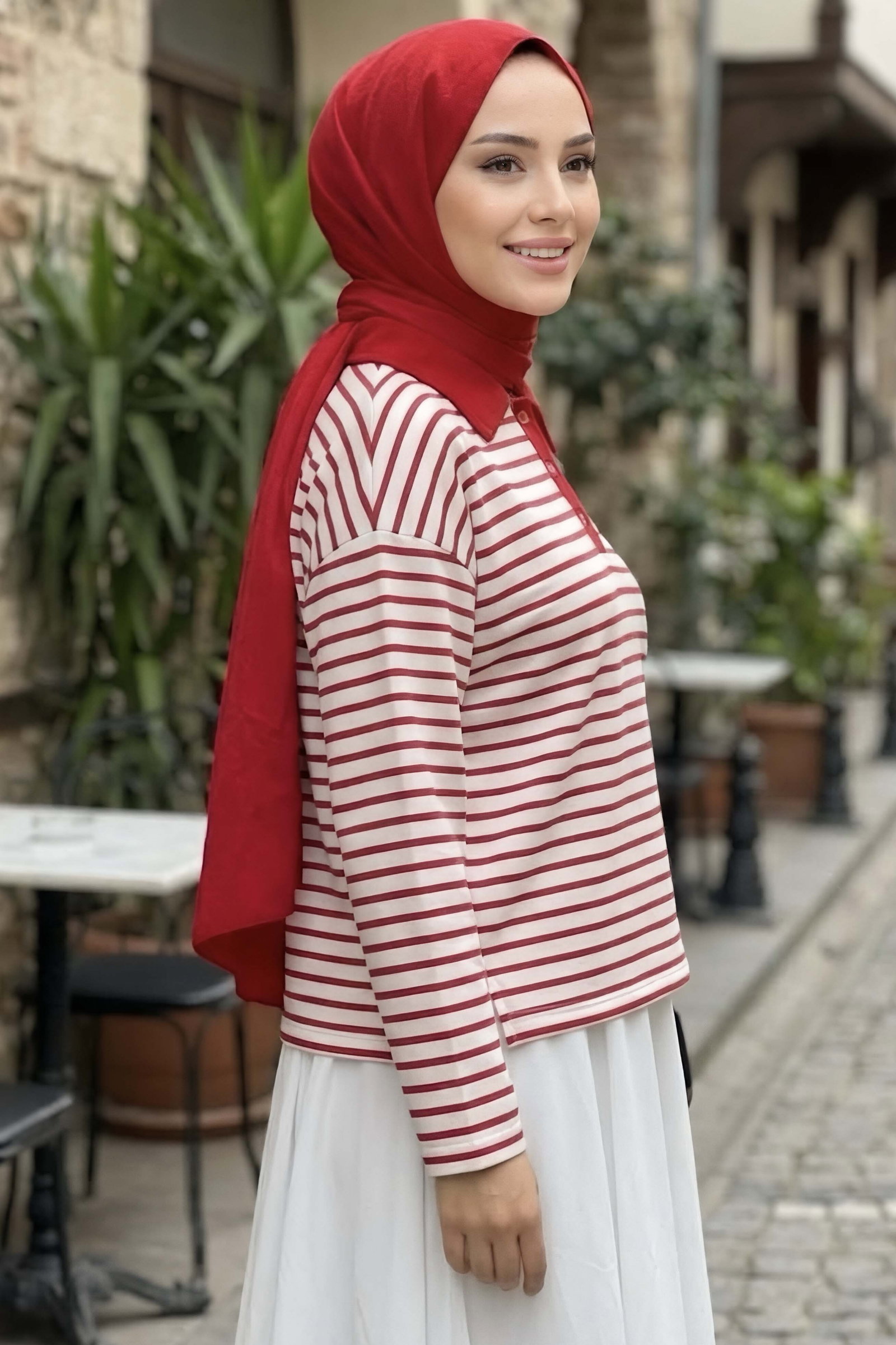 Oysh Modal Çizgili Bluz Kirmizi - 29184-KIRMIZI - 2