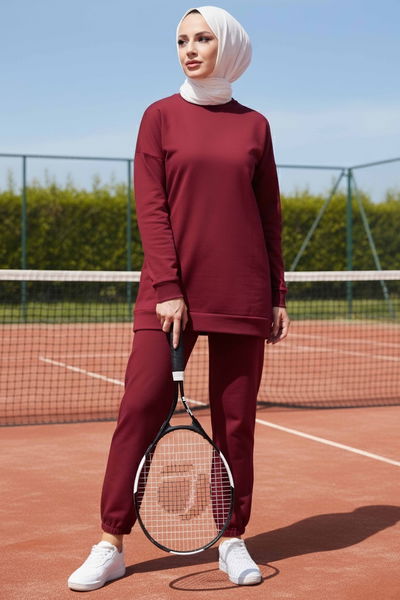 Paça Lastikli İki İplik İkili Takım - 28029-BORDO 