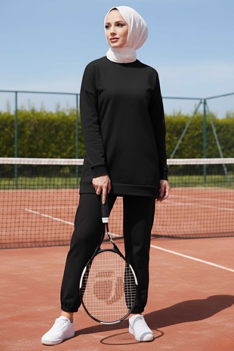 Paça Lastikli İki İplik İkili Takım - 28029-SIYAH - TOFİSA