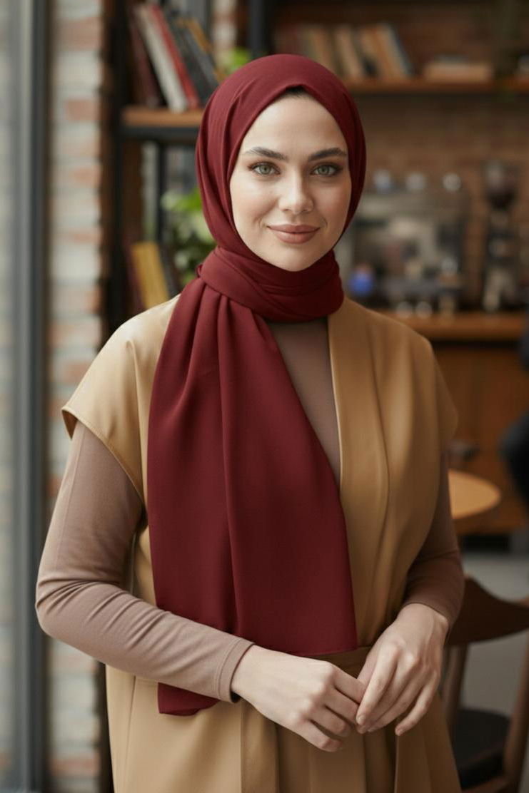 Pamuklu Vual Şal - 28245-BORDO - 2