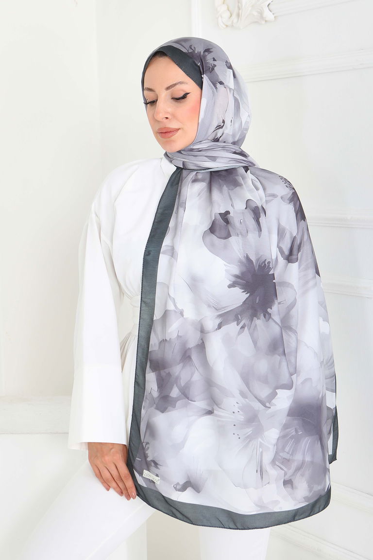 Pastel Flora Serisi Pamuk Şal - 27857-GRI - TOFİSA
