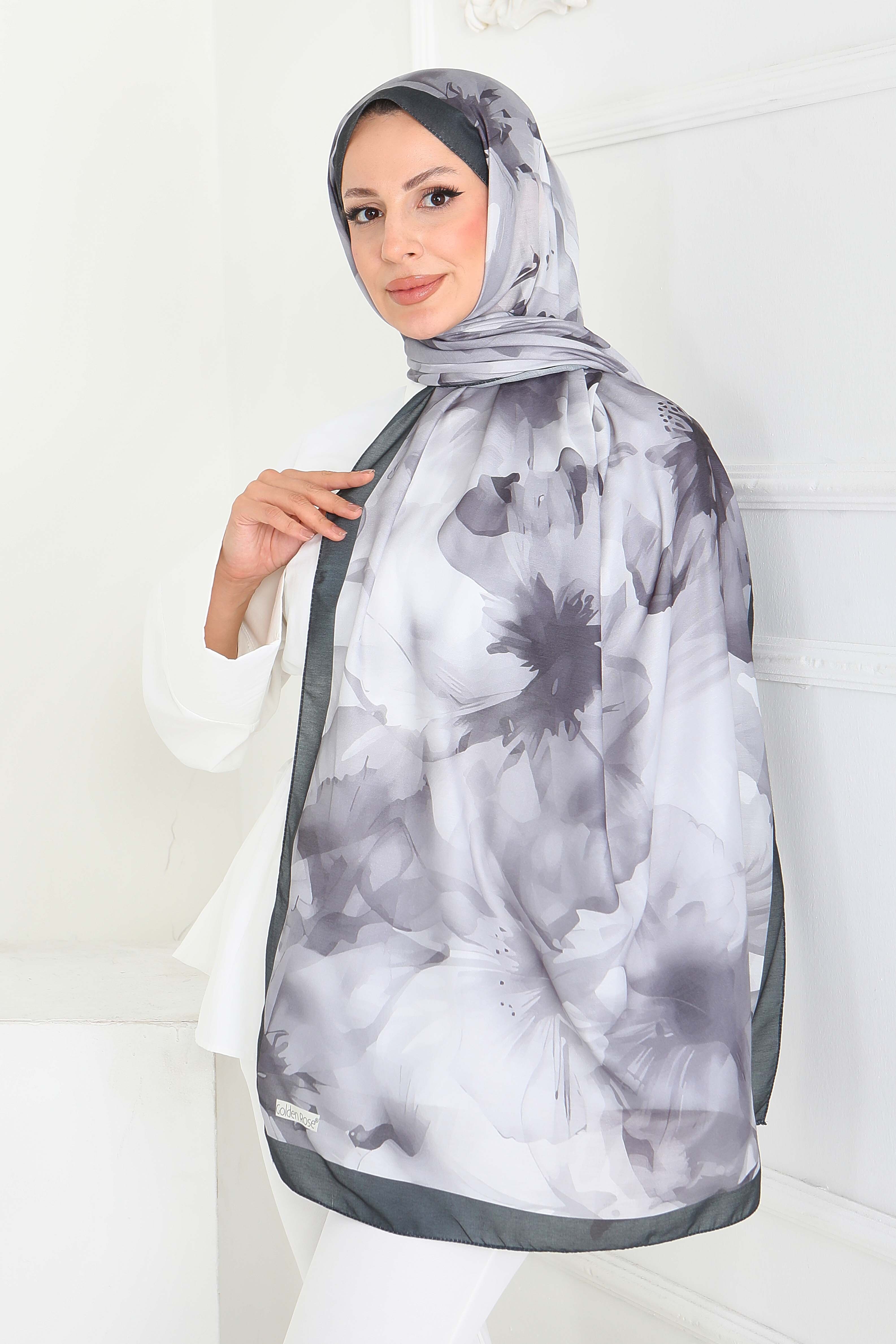 Pastel Flora Serisi Pamuk Şal - 27857-GRI - 3