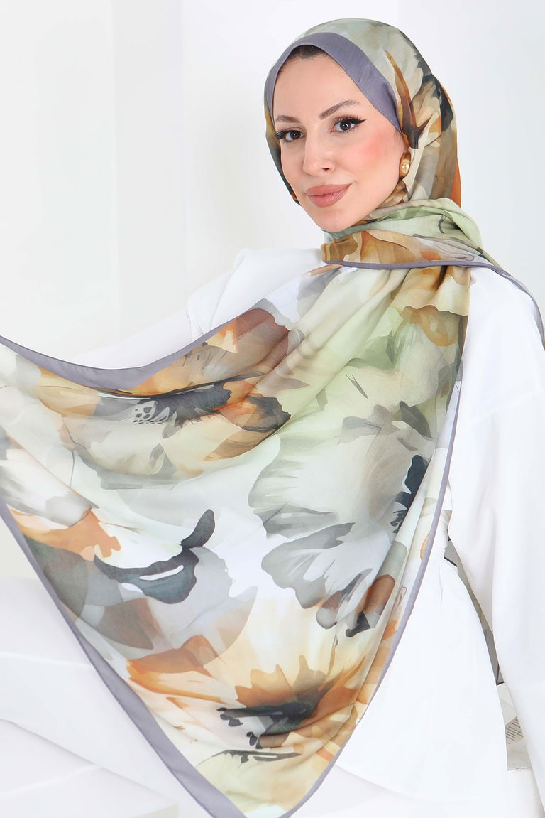 Pastel Flora Serisi Pamuk Şal - 27857-HAKI - TOFİSA