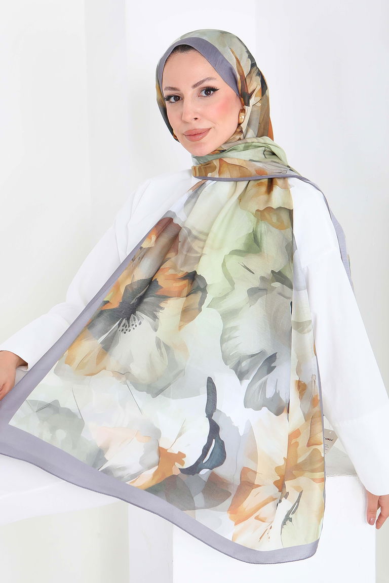 Pastel Flora Serisi Pamuk Şal - 27857-HAKI - TOFİSA