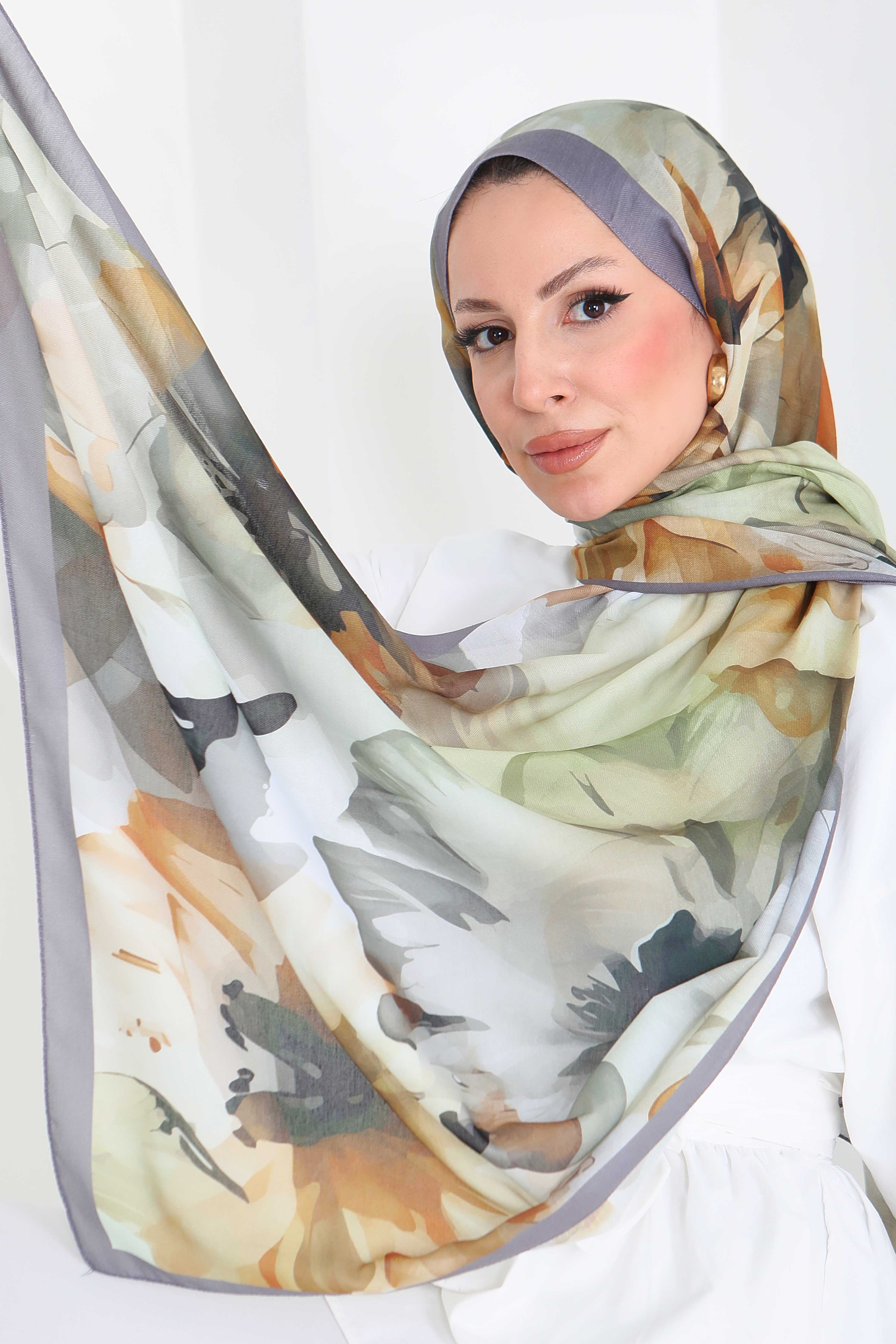 Pastel Flora Serisi Pamuk Şal - 27857-HAKI - 3