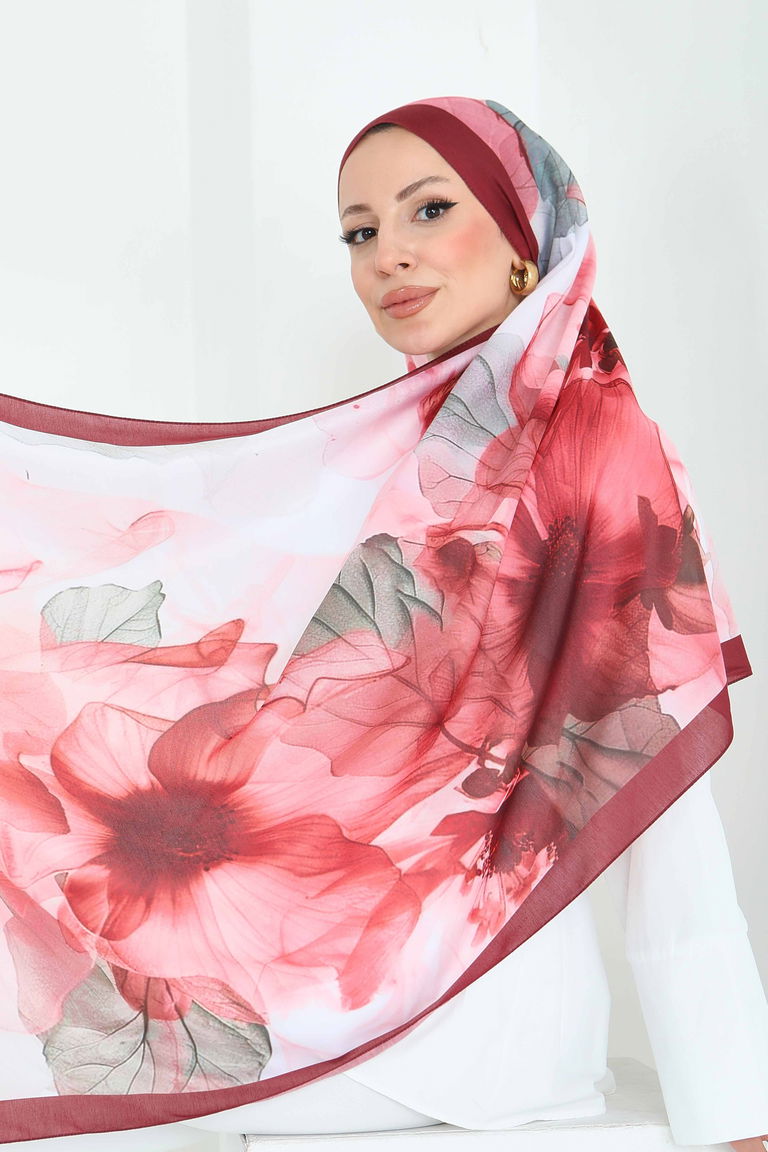 Pastel Flora Serisi Pamuk Şal - 27857-MERCAN - TOFİSA