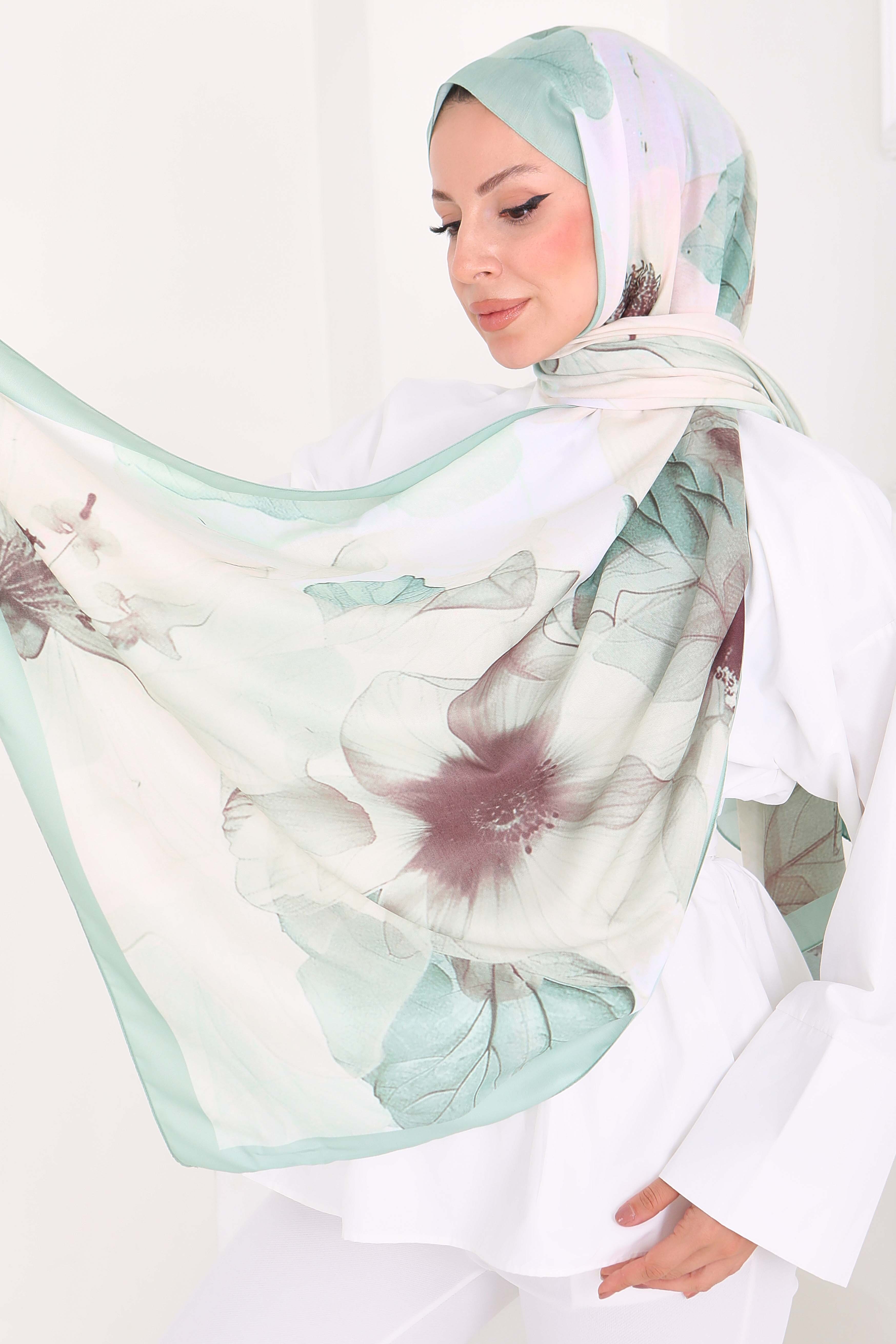 Pastel Flora Serisi Pamuk Şal - 27857-MINT - 2