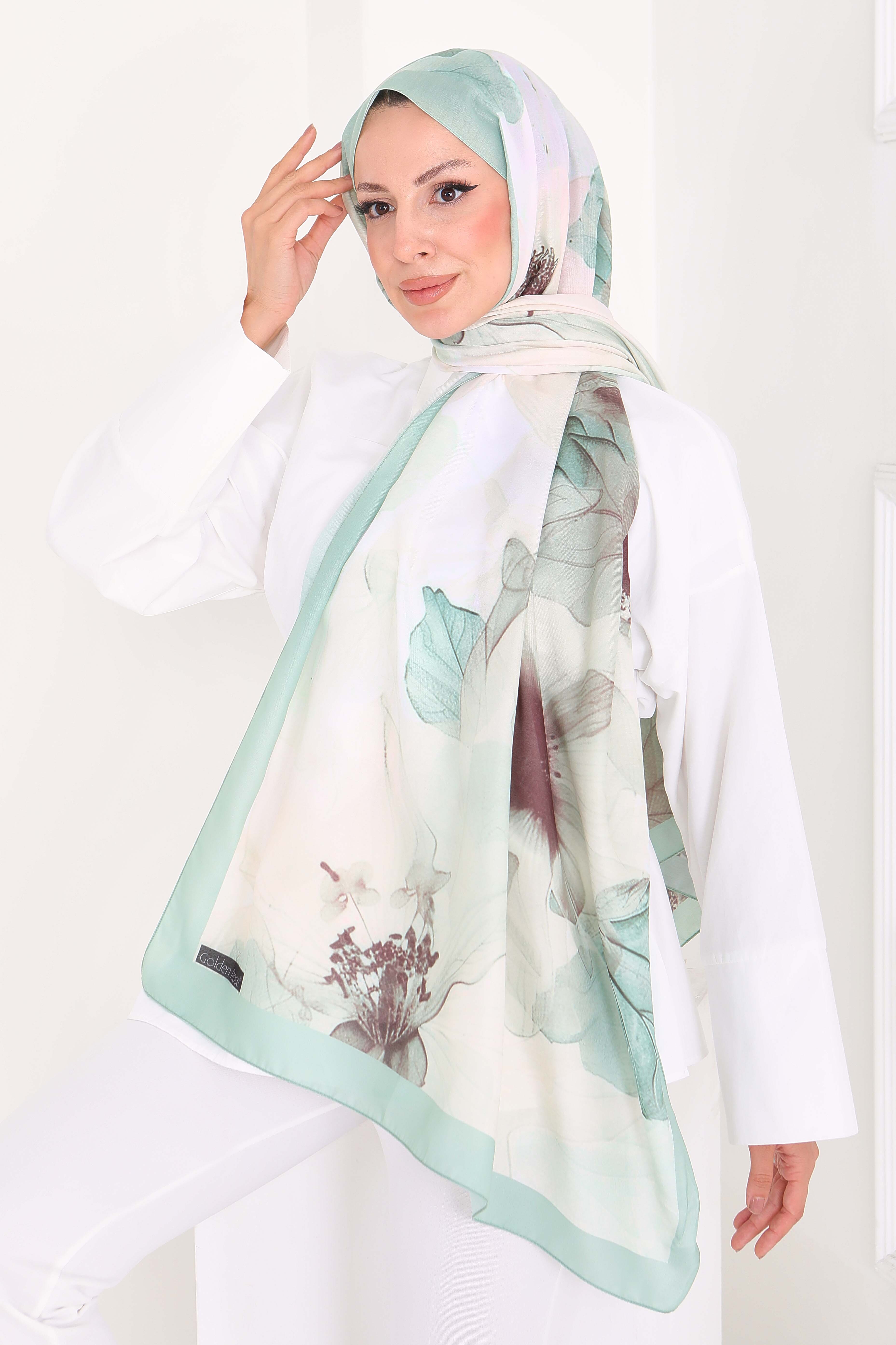 Pastel Flora Serisi Pamuk Şal - 27857-MINT - 3