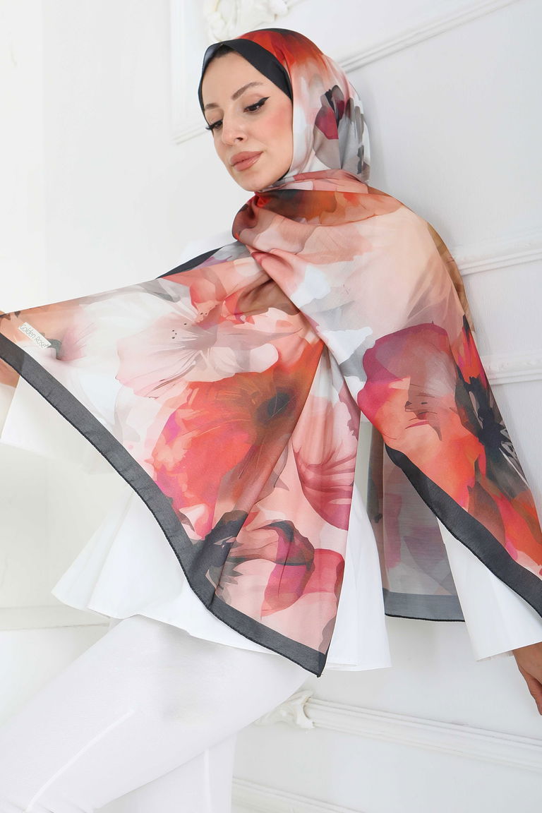 Pastel Flora Serisi Pamuk Şal - 27857-ORANJ - TOFİSA