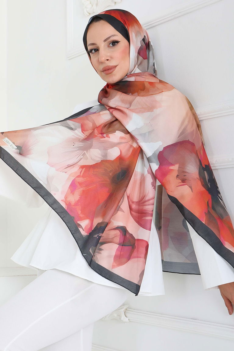Pastel Flora Serisi Pamuk Şal - 27857-ORANJ - TOFİSA
