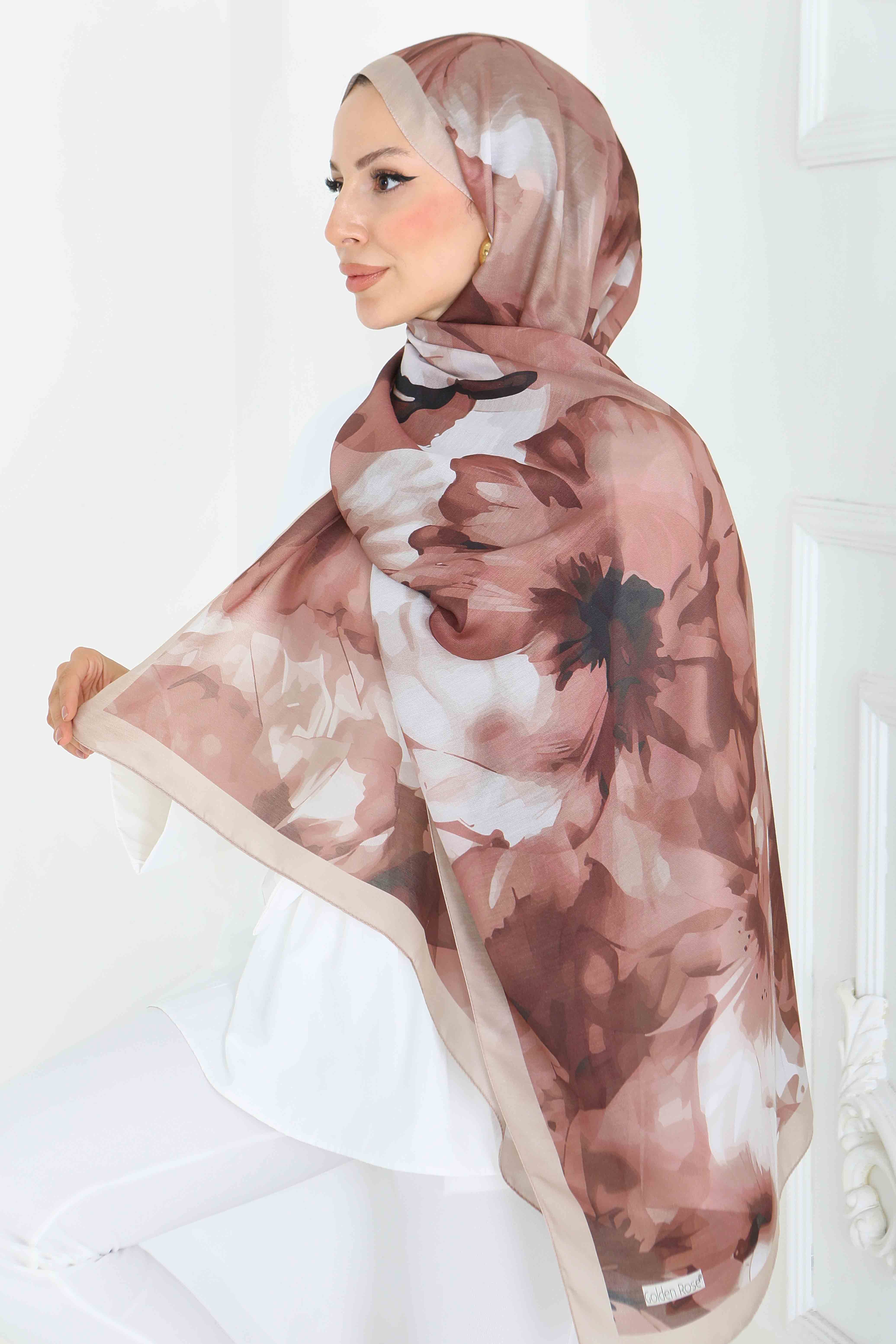 Pastel Flora Serisi Pamuk Şal - 27857-VIZON - 3