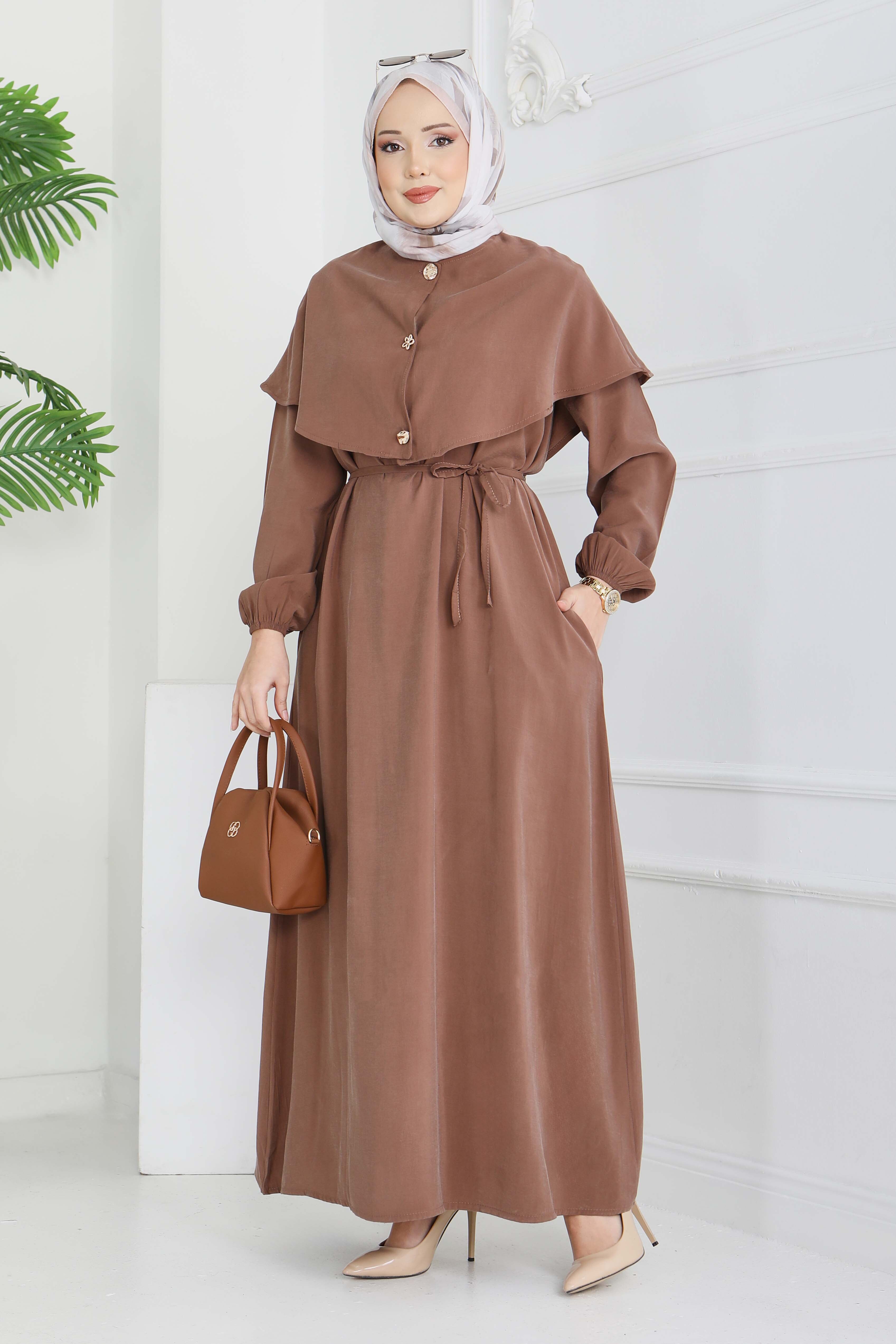 Pelerinli Düğmeli Elbise - 28221-KAHVE - 1