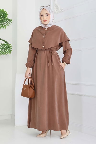 Pelerinli Düğmeli Elbise - 28221-KAHVE 