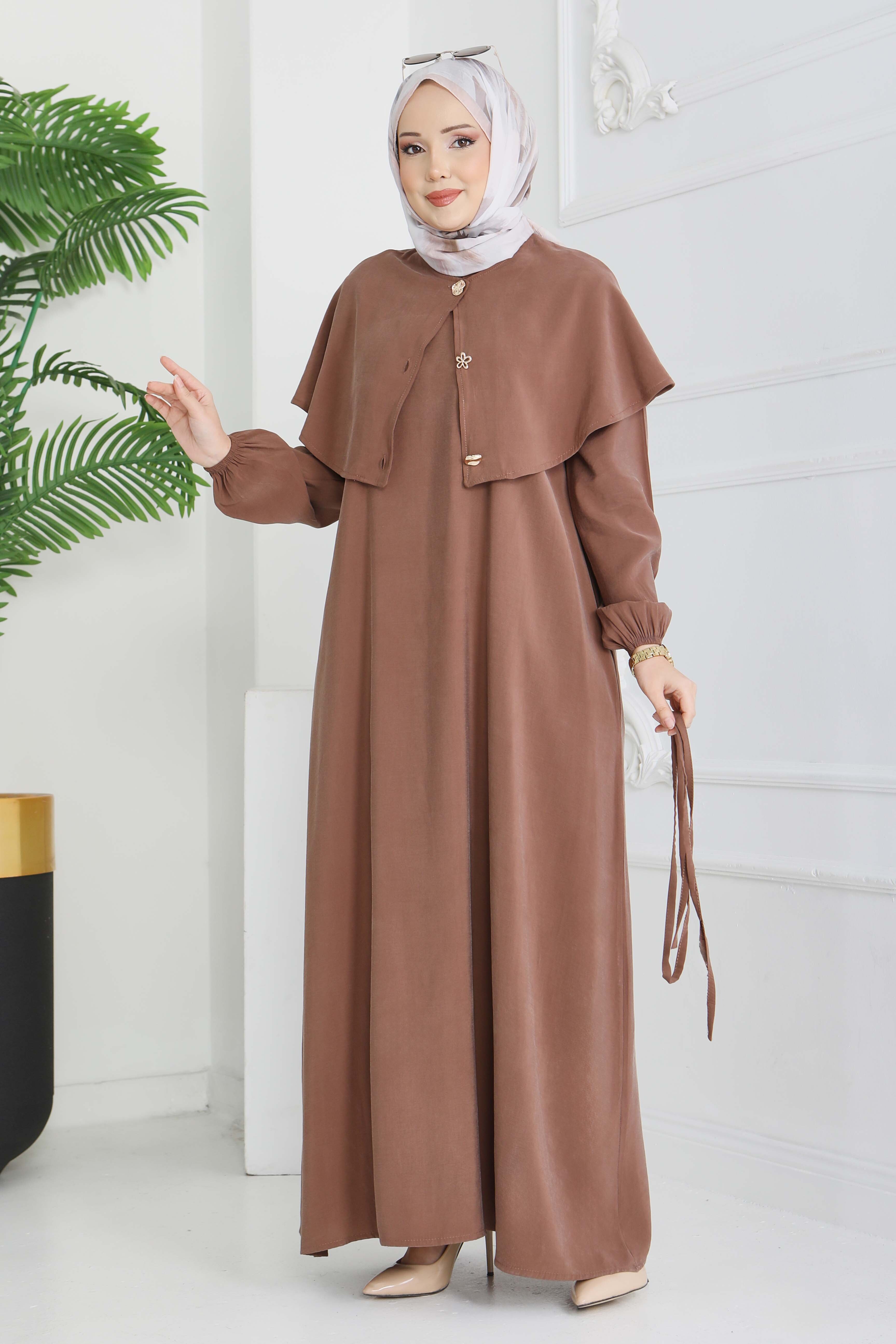 Pelerinli Düğmeli Elbise - 28221-KAHVE - 2